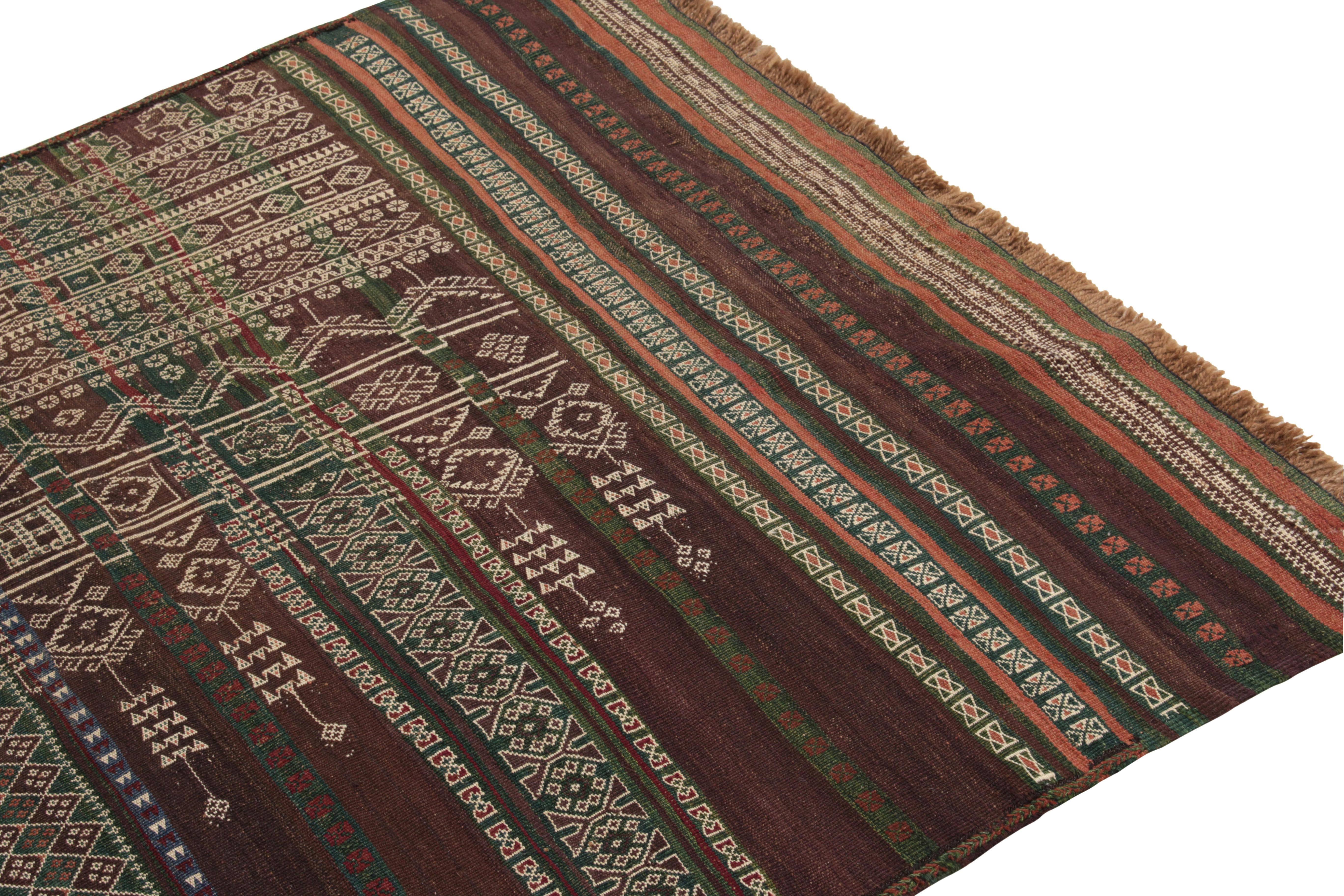 Persian Vintage Baluch Kilim rug in Brown, White, Green Geometric Pattern by Rug & Kilim For Sale