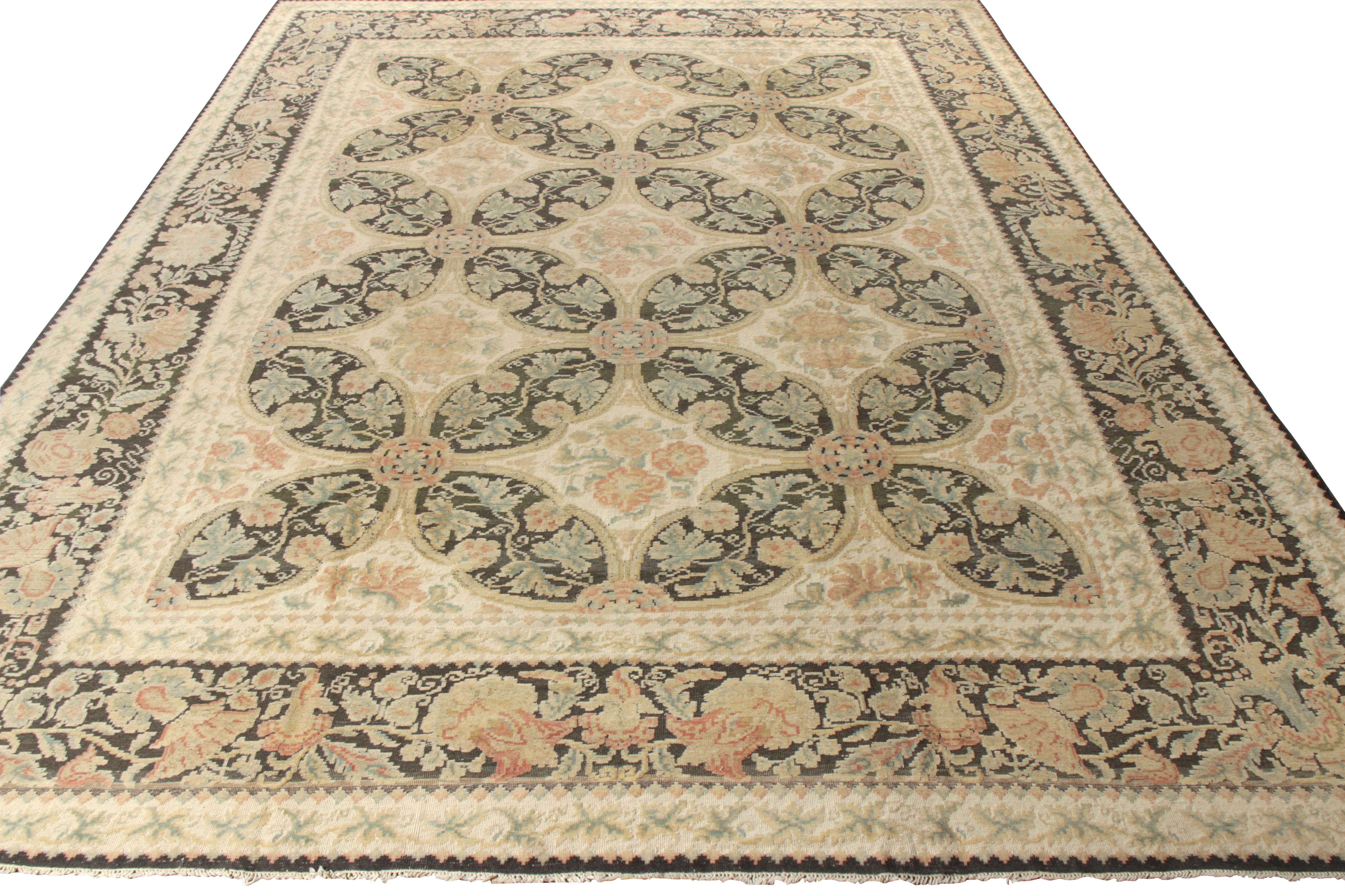 Handwoven in wool originating from Romania circa 1970-1980, a vintage 13x17 Kilim in Bessarabian style. An exceptional piece from a reputed workshop, this flatweave witnesses an all floral pattern in a graceful beige-brown with black, accented by