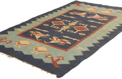 Handwoven Vintage Blue Oltenia Romanian Kilim Rug