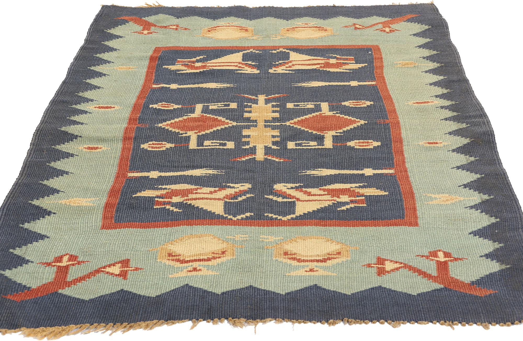 Alfombra Kilim Rumana Oltenia Azul Vintage Tejida a Mano Rumano en venta