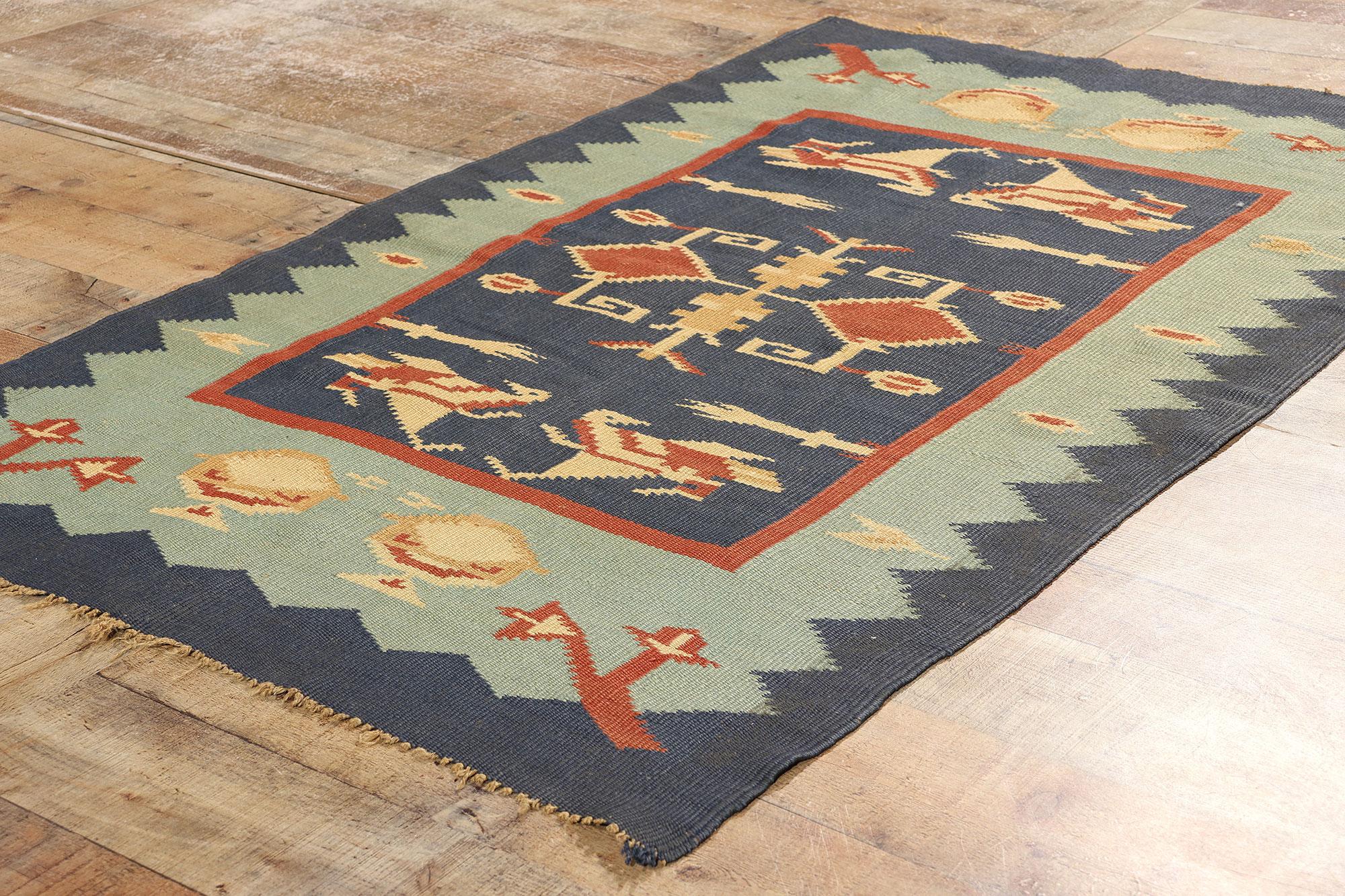 Alfombra Kilim Rumana Oltenia Azul Vintage Tejida a Mano Lana en venta