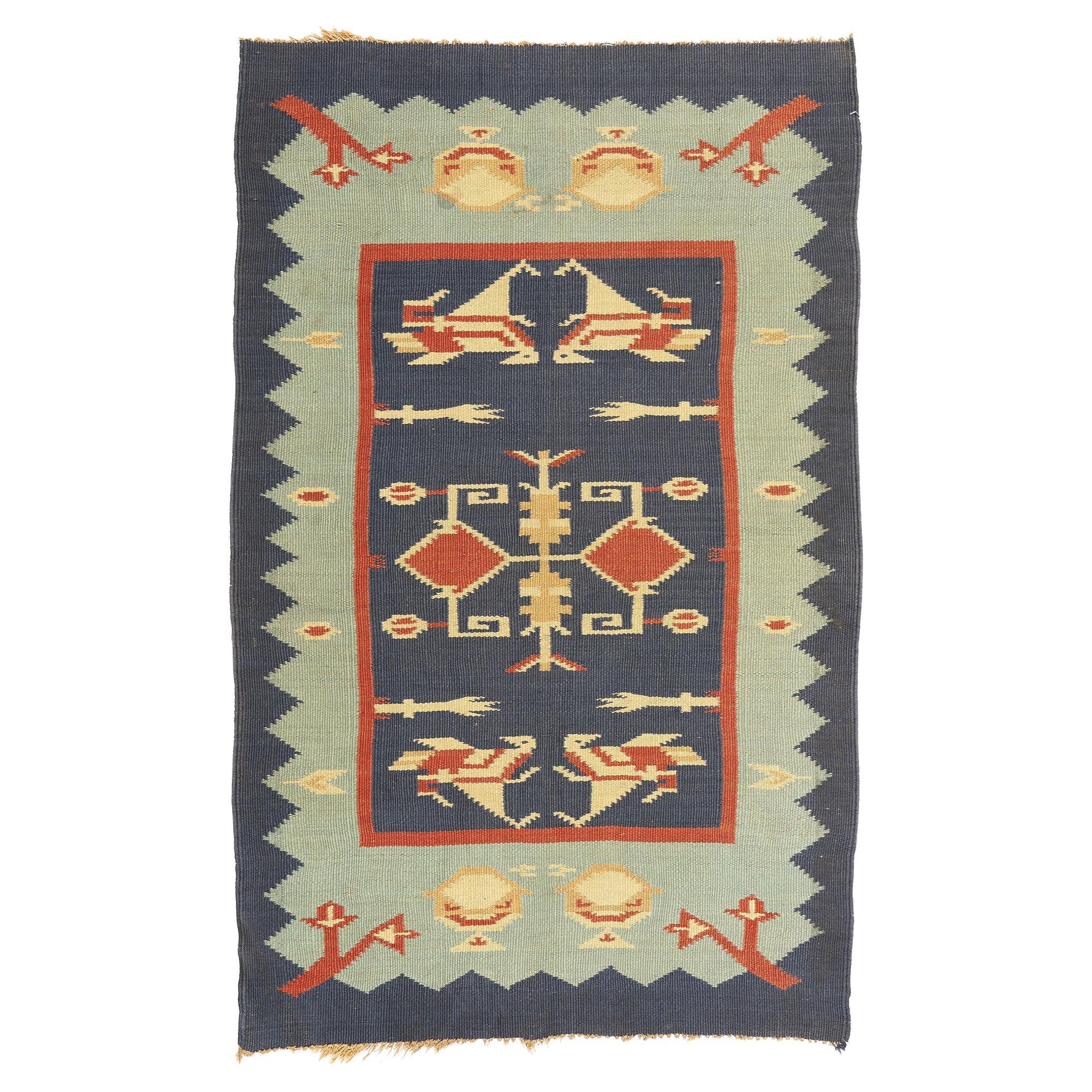 Handwoven Vintage Blue Oltenia Romanian Kilim Rug