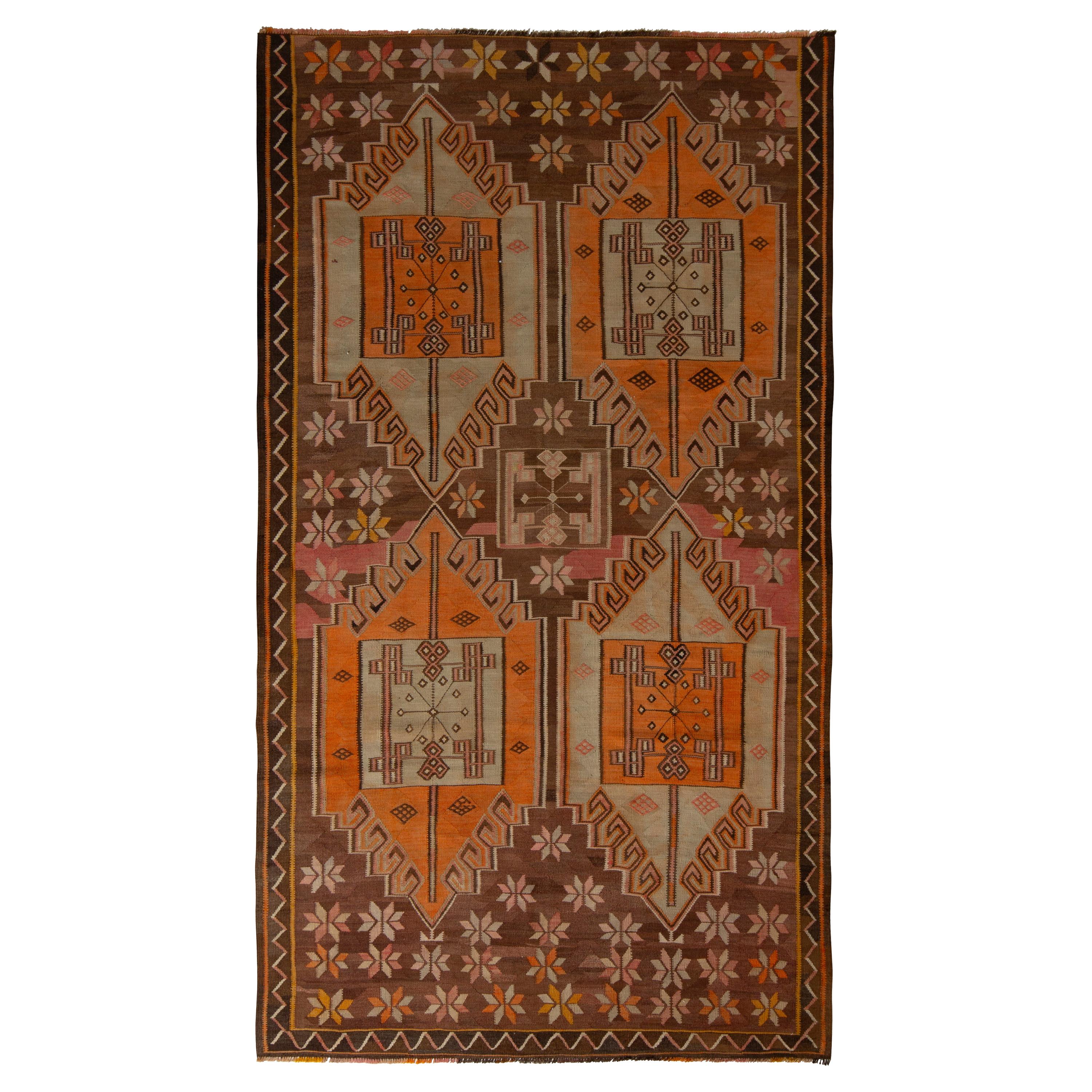 Handwoven Vintage Kars Kilim Rug in Brown Geometric Pattern by Rug & Kilim