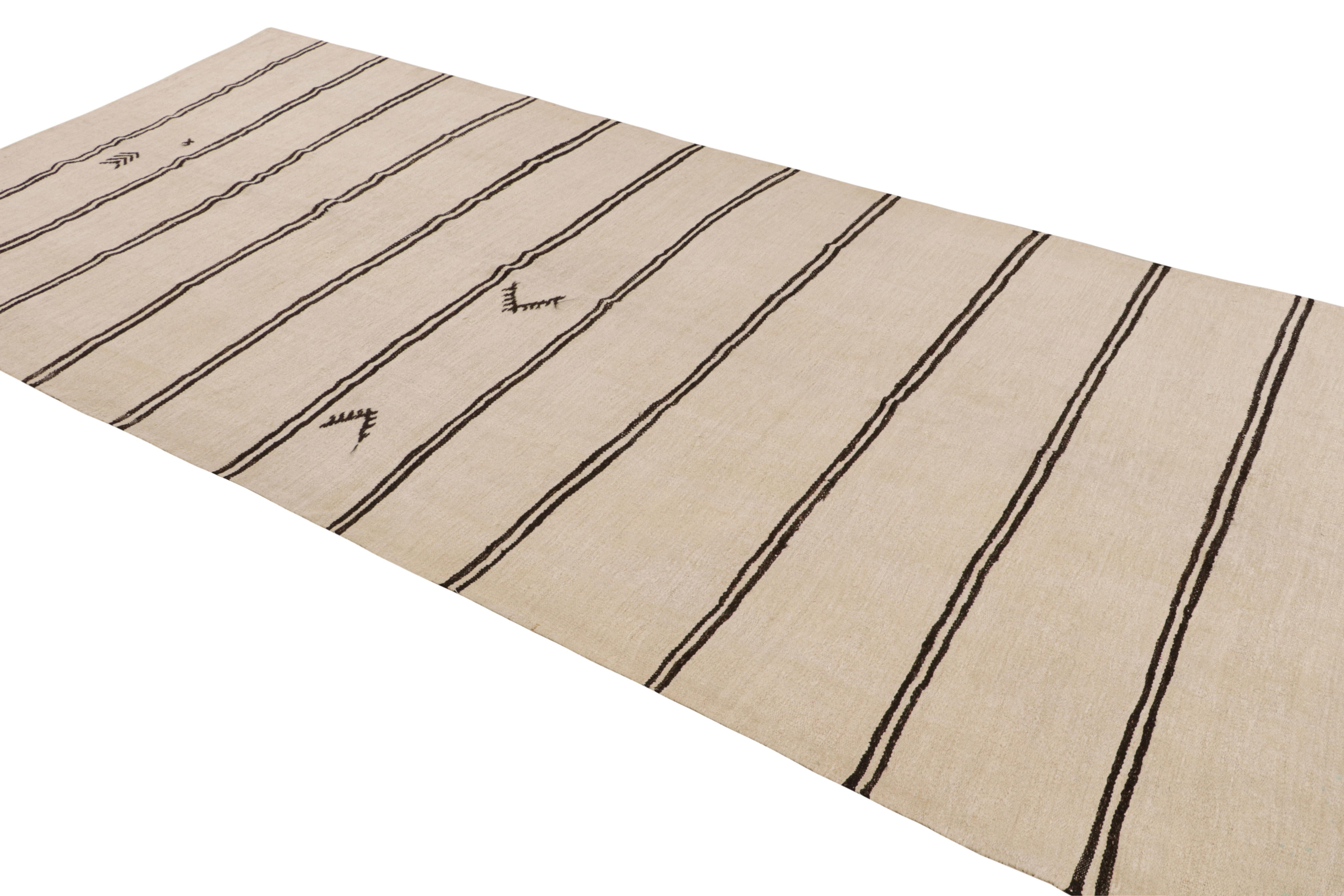 Turkish Handwoven Vintage Kilim Rug in Beige-White & Black Stripe Pattern by Rug & Kilim