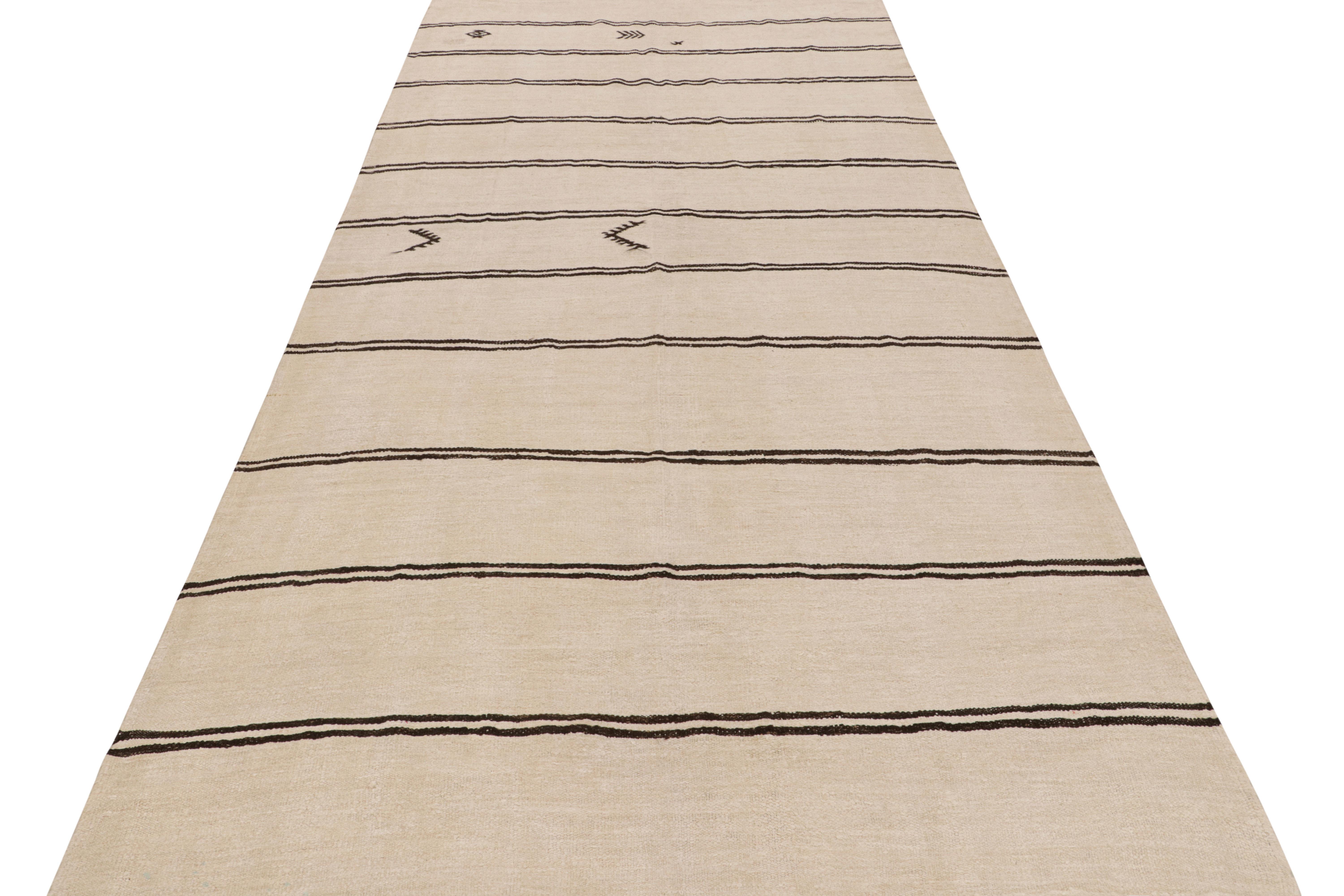 Hand-Knotted Handwoven Vintage Kilim Rug in Beige-White & Black Stripe Pattern by Rug & Kilim