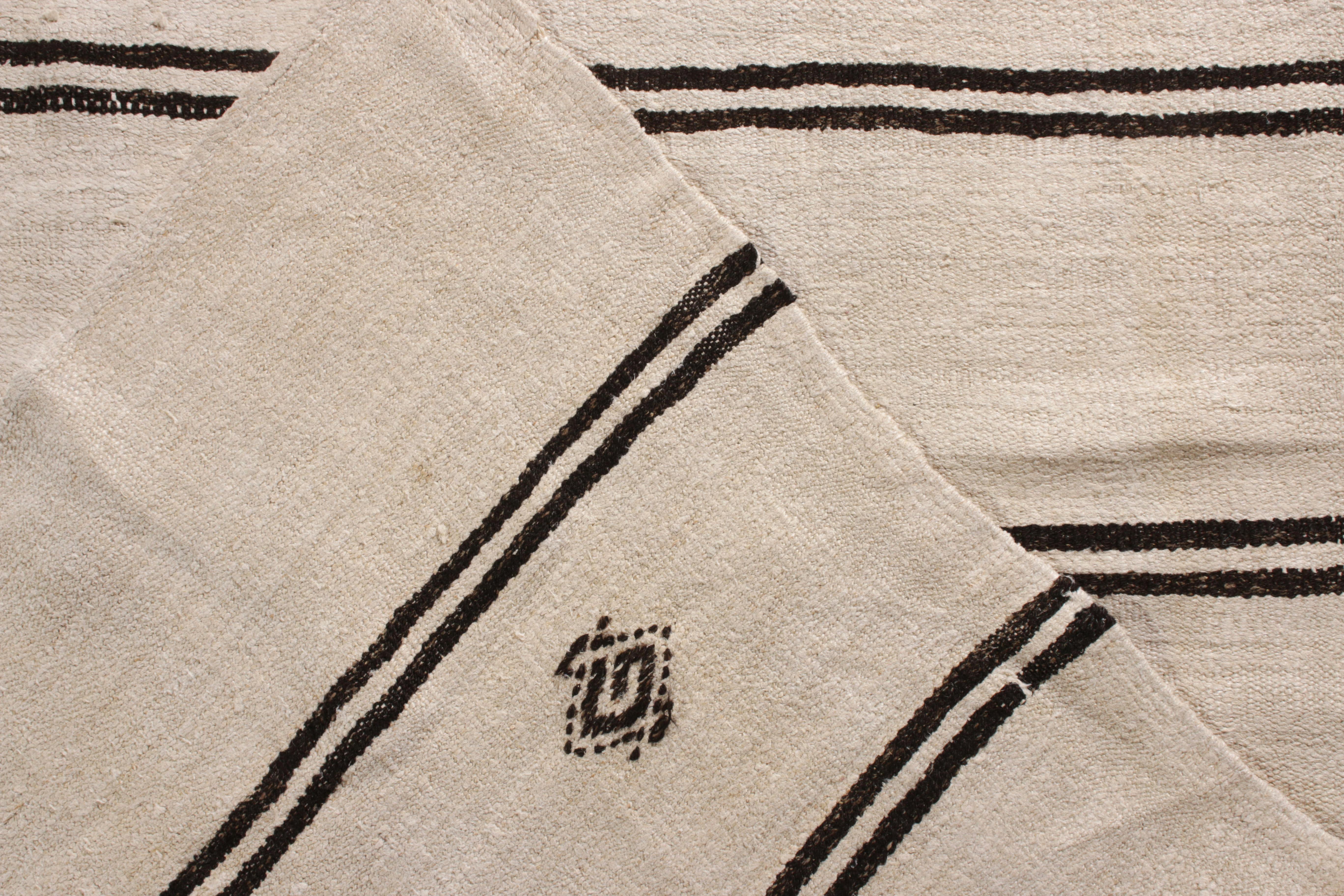 Hand-Knotted Handwoven Vintage Kilim Rug in Beige-White & Black Stripe Pattern by Rug & Kilim For Sale