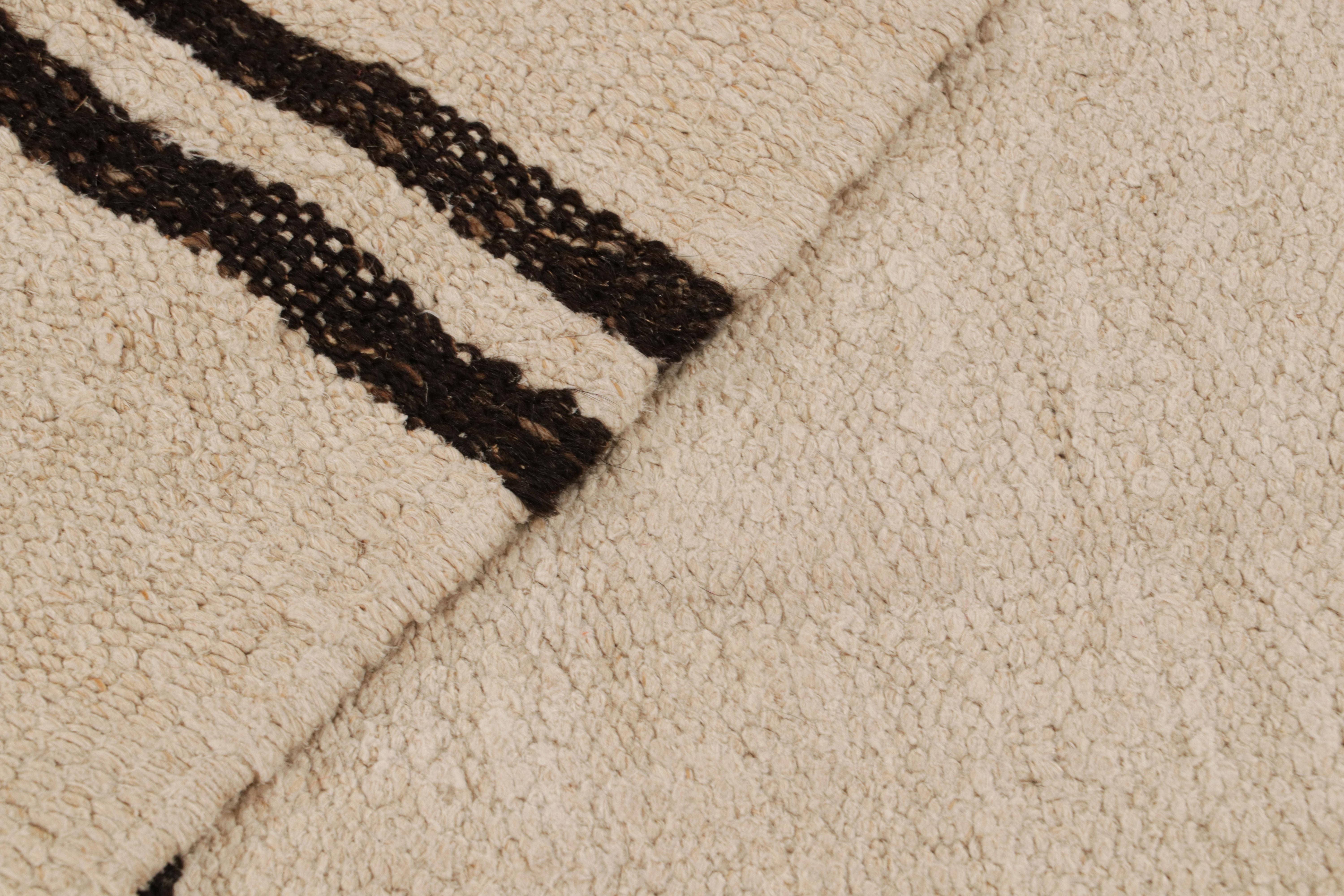 Mid-20th Century Handwoven Vintage Kilim Rug in Beige-White & Black Stripe Pattern by Rug & Kilim