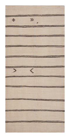 Handwoven Retro Kilim Rug in Beige-White & Black Stripe Pattern by Rug & Kilim