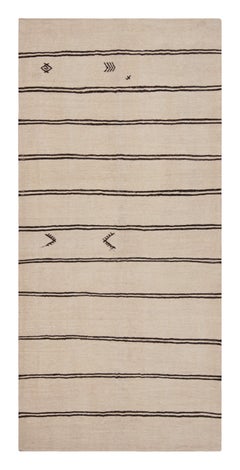 Handwoven Vintage Kilim Rug in Beige-White & Black Stripe Pattern by Rug & Kilim