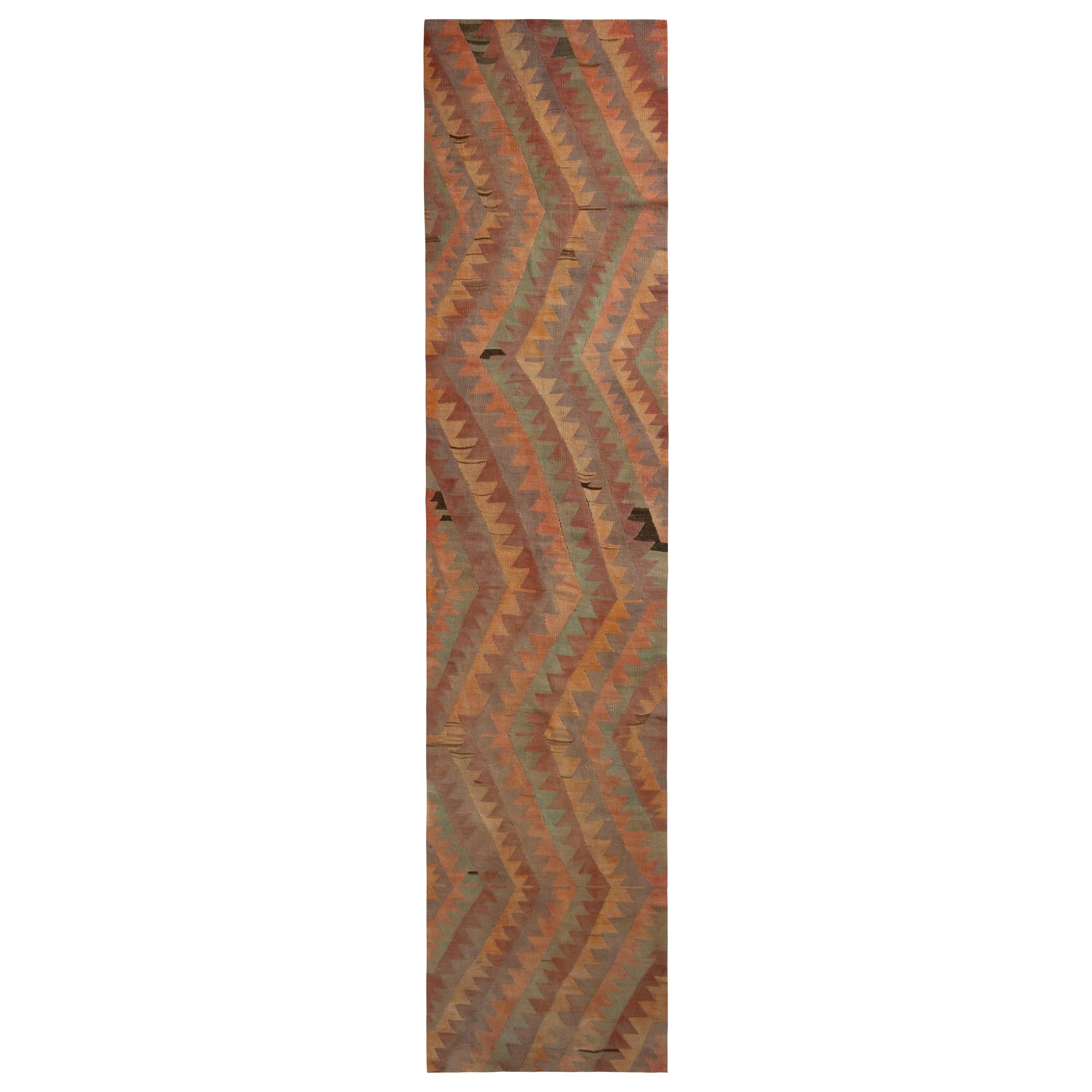 Vintage Kilim Runner in Rust & Multicolor Chevron Pattern by Rug & Kilim For Sale