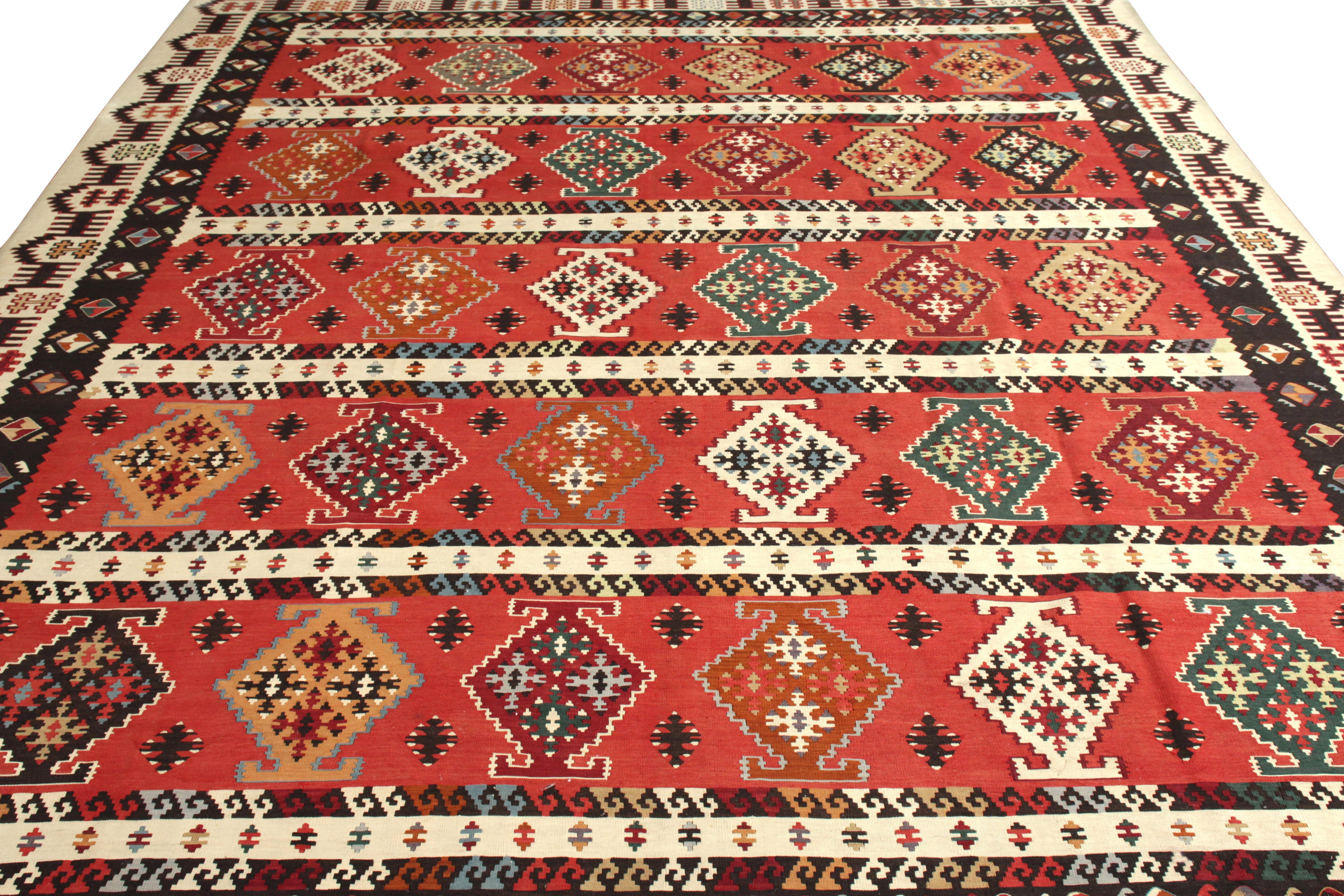 Turkish Vintage Midcentury Kilim Rug in Red Beige-Brown Geometric Pattern by Rug & Kilim