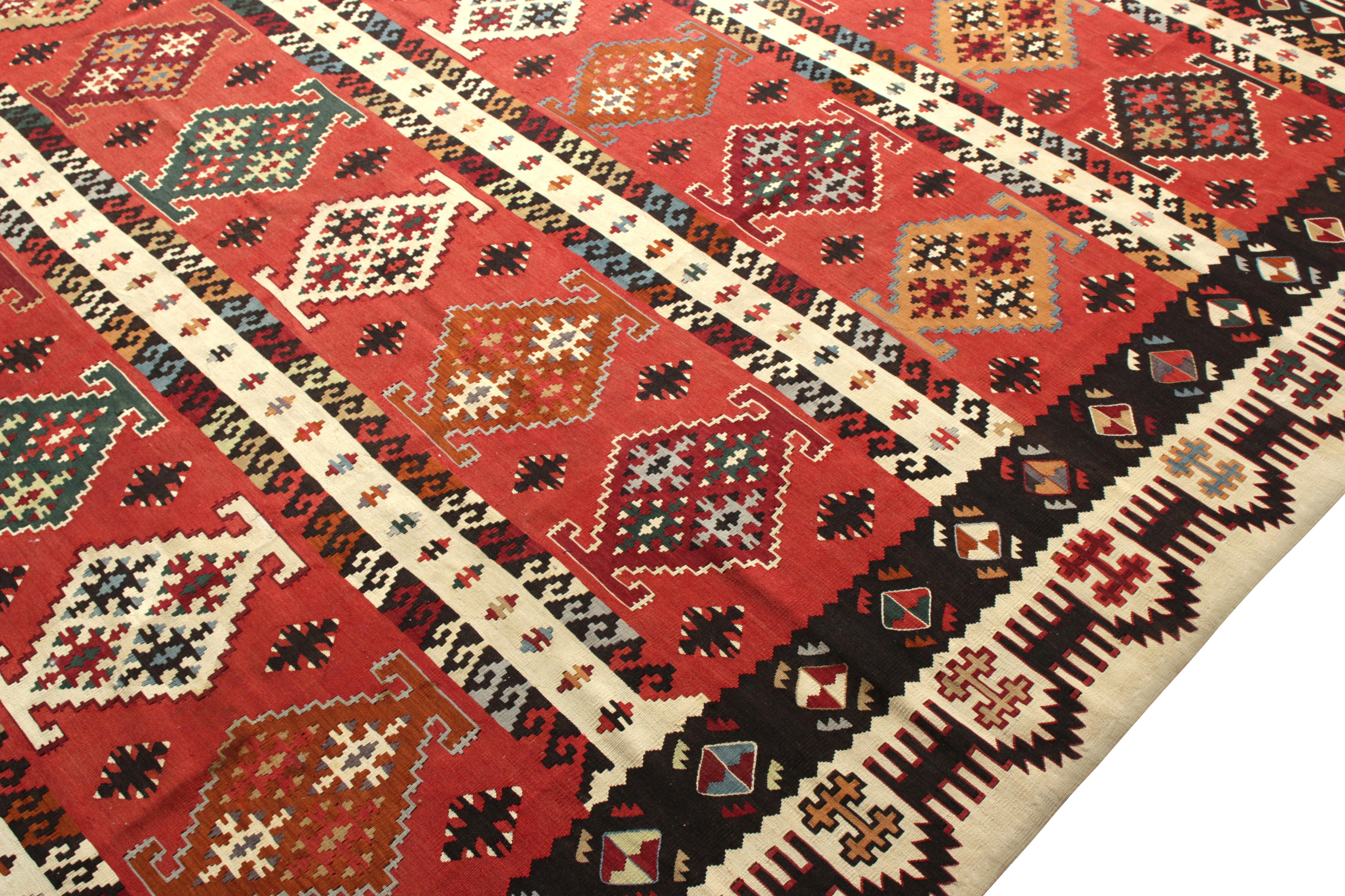 Hand-Woven Vintage Midcentury Kilim Rug in Red Beige-Brown Geometric Pattern by Rug & Kilim