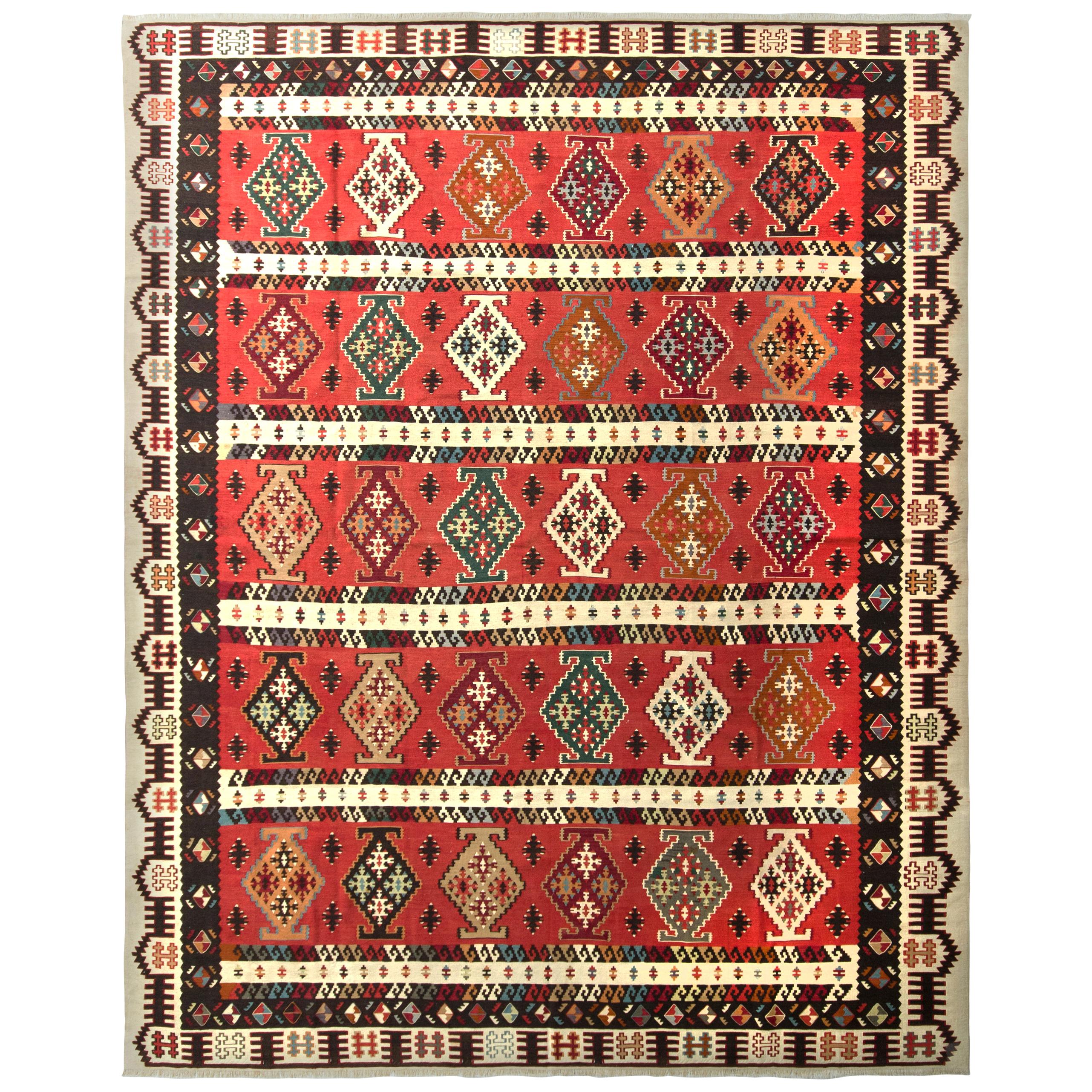 Vintage Midcentury Kilim Rug in Red Beige-Brown Geometric Pattern by Rug & Kilim