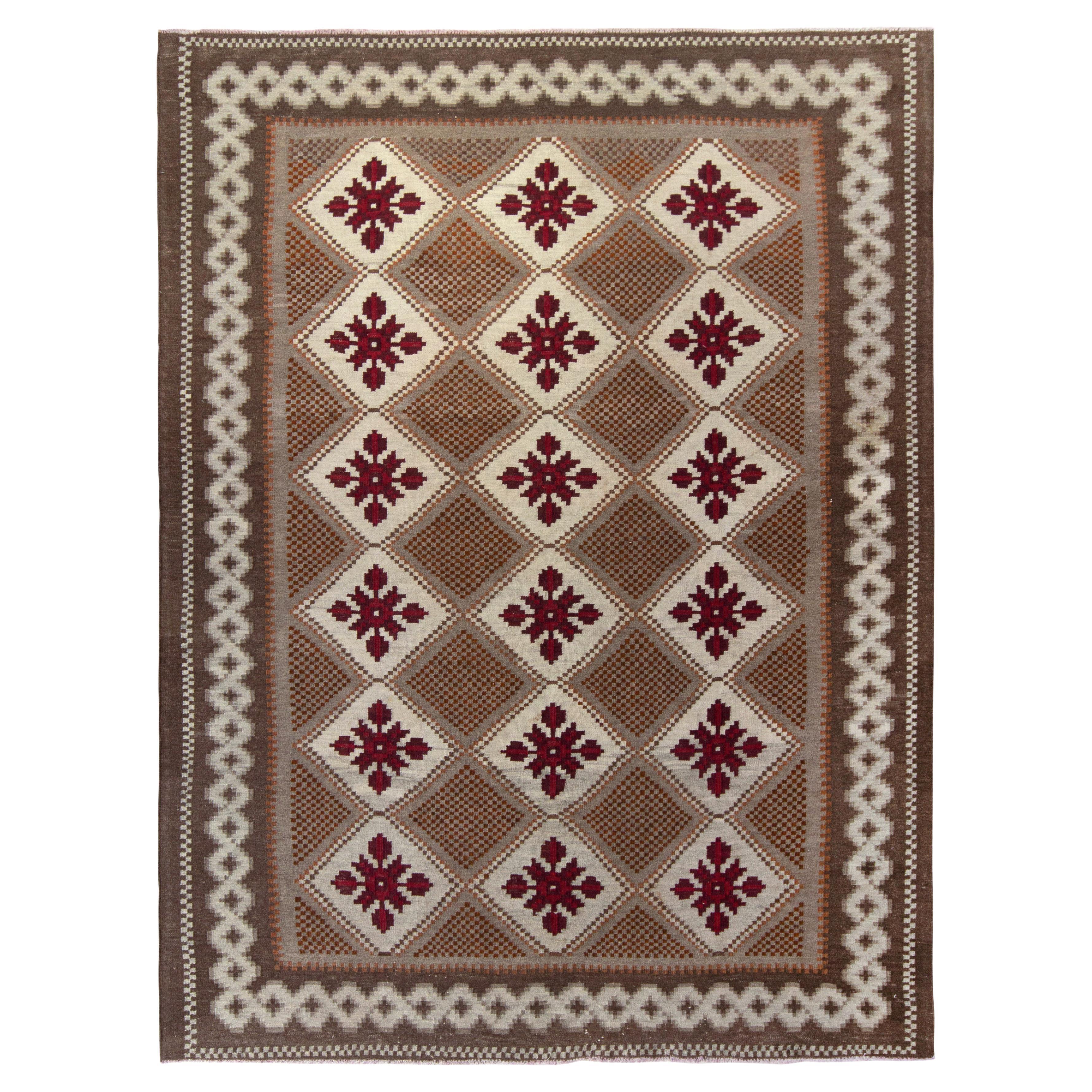 Handwoven Vintage Moldavian Rug in Beige-Brown, Floral Pattern by Rug & Kilim