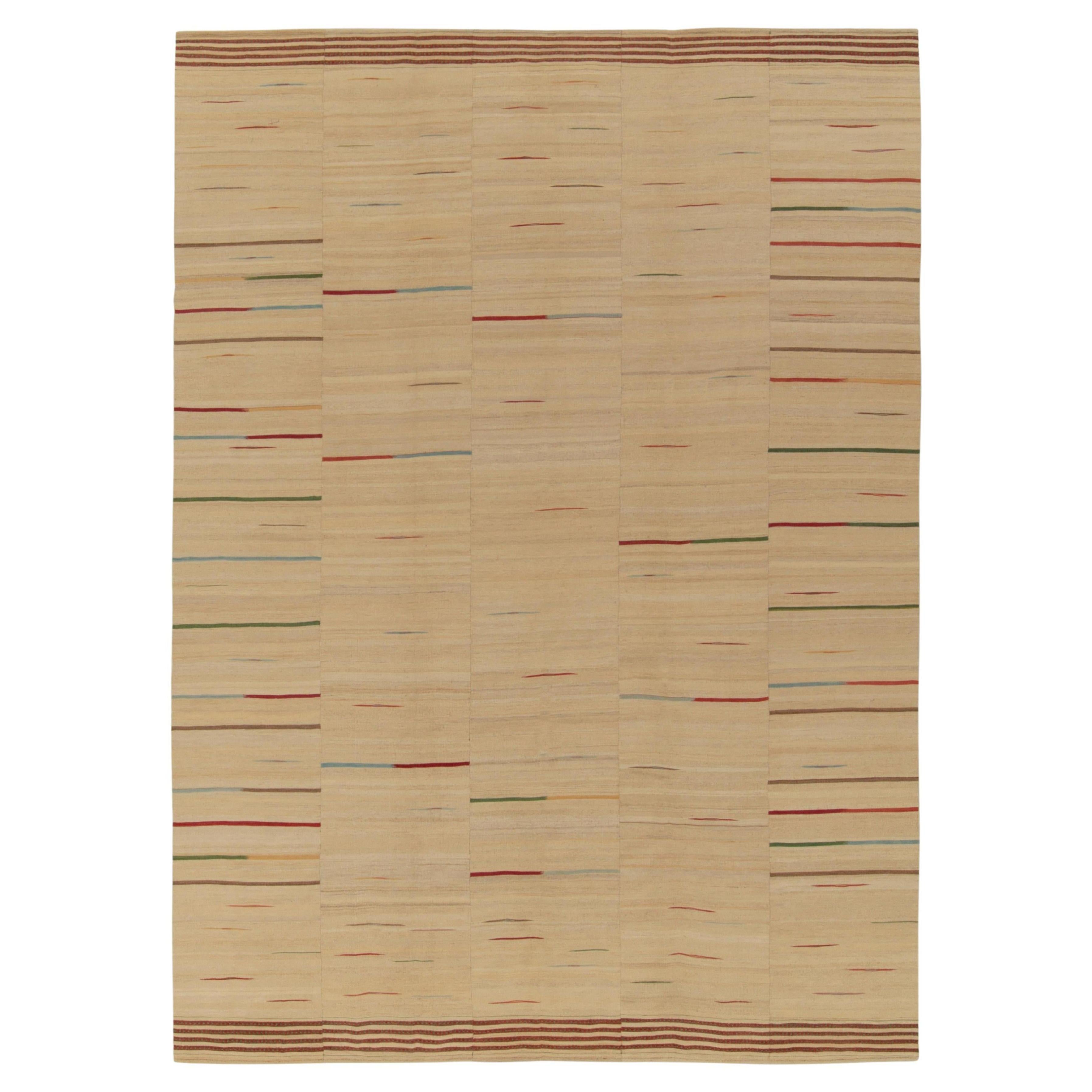 Handwoven Vintage Paneled Kilim in Beige-Brown with Colorful Accent Stripes For Sale