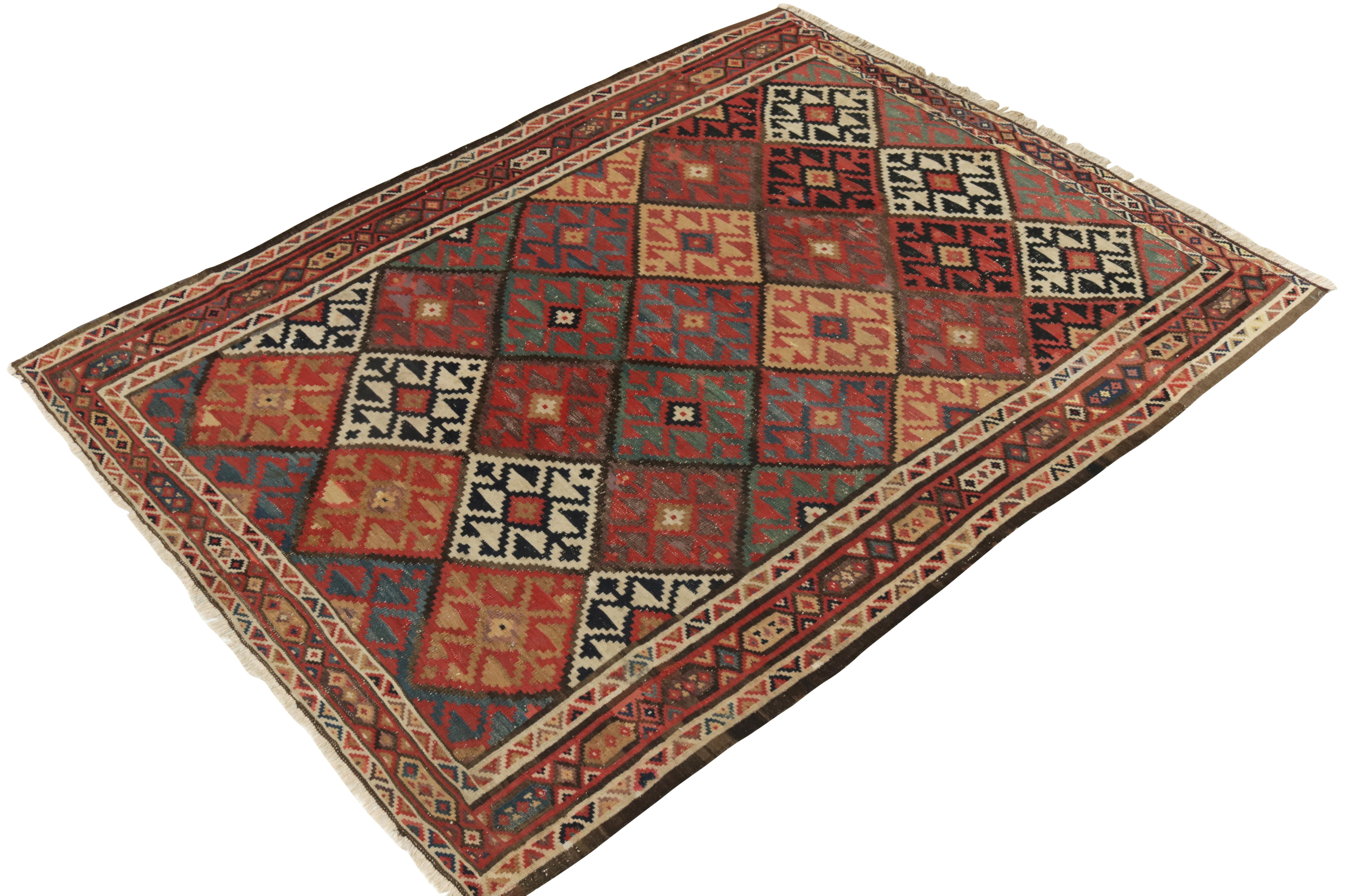 Mid-Century Modern Handwoven Vintage Persian Kilim Rug in Red, Beige-Brown Geometric Pattern