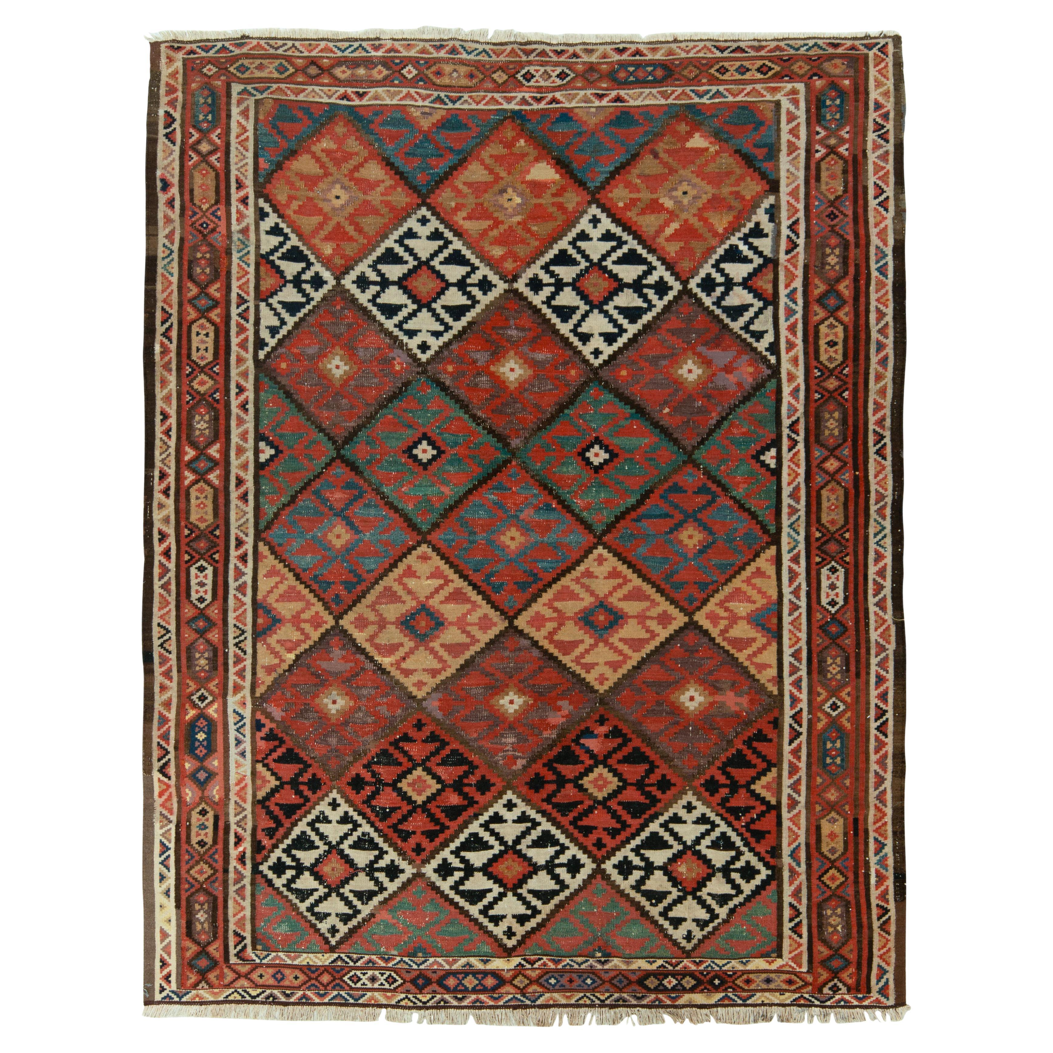 Handwoven Vintage Persian Kilim Rug in Red, Beige-Brown Geometric Pattern