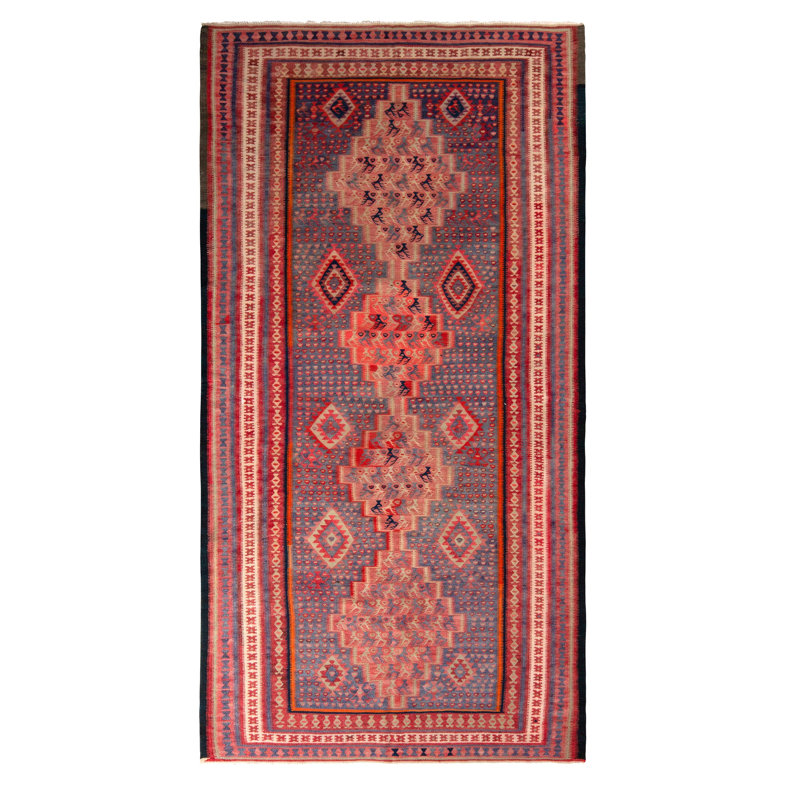 Vintage Persian Senneh Kilim Rug in Blue & Red Geometric Pattern by Rug & Kilim For Sale