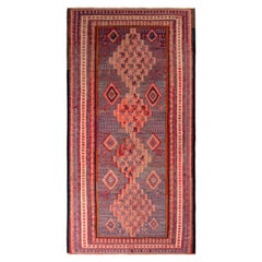Handwoven Vintage Persian Senneh Kilim Rug in Blue and Red Geometric Pattern