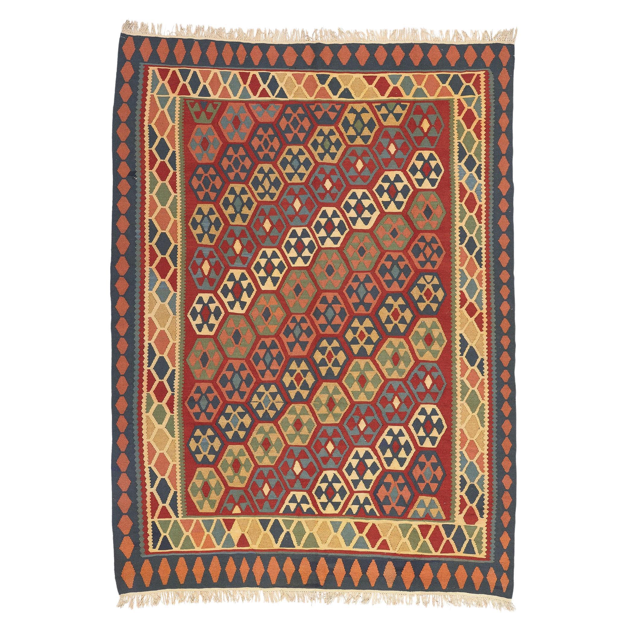 Handwoven Vintage Persian Shiraz Flatweave Carpet