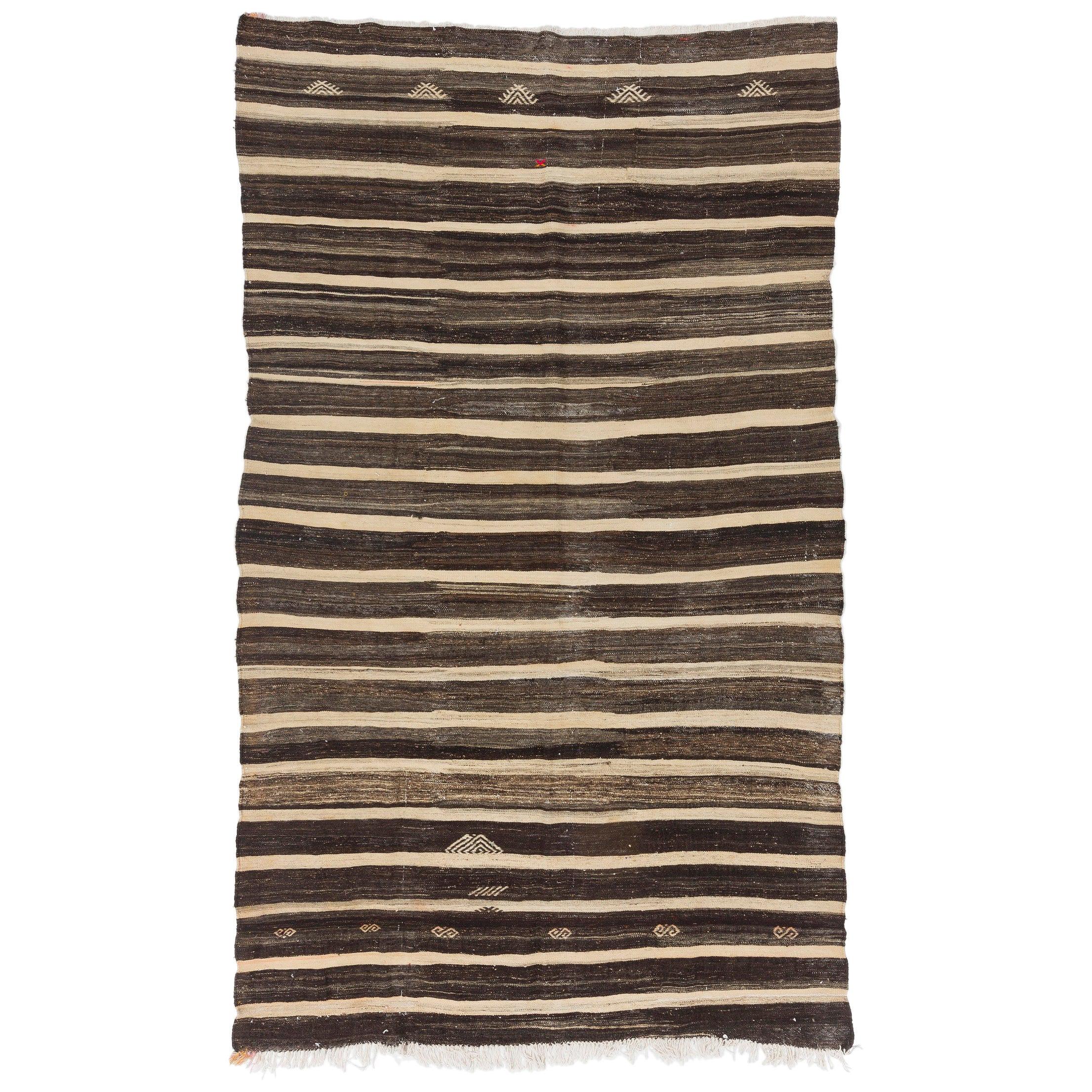 6.8x11.2 Ft Handwoven Vintage Striped Nomadic Kilim Rug in Cream and Brown Wool For Sale