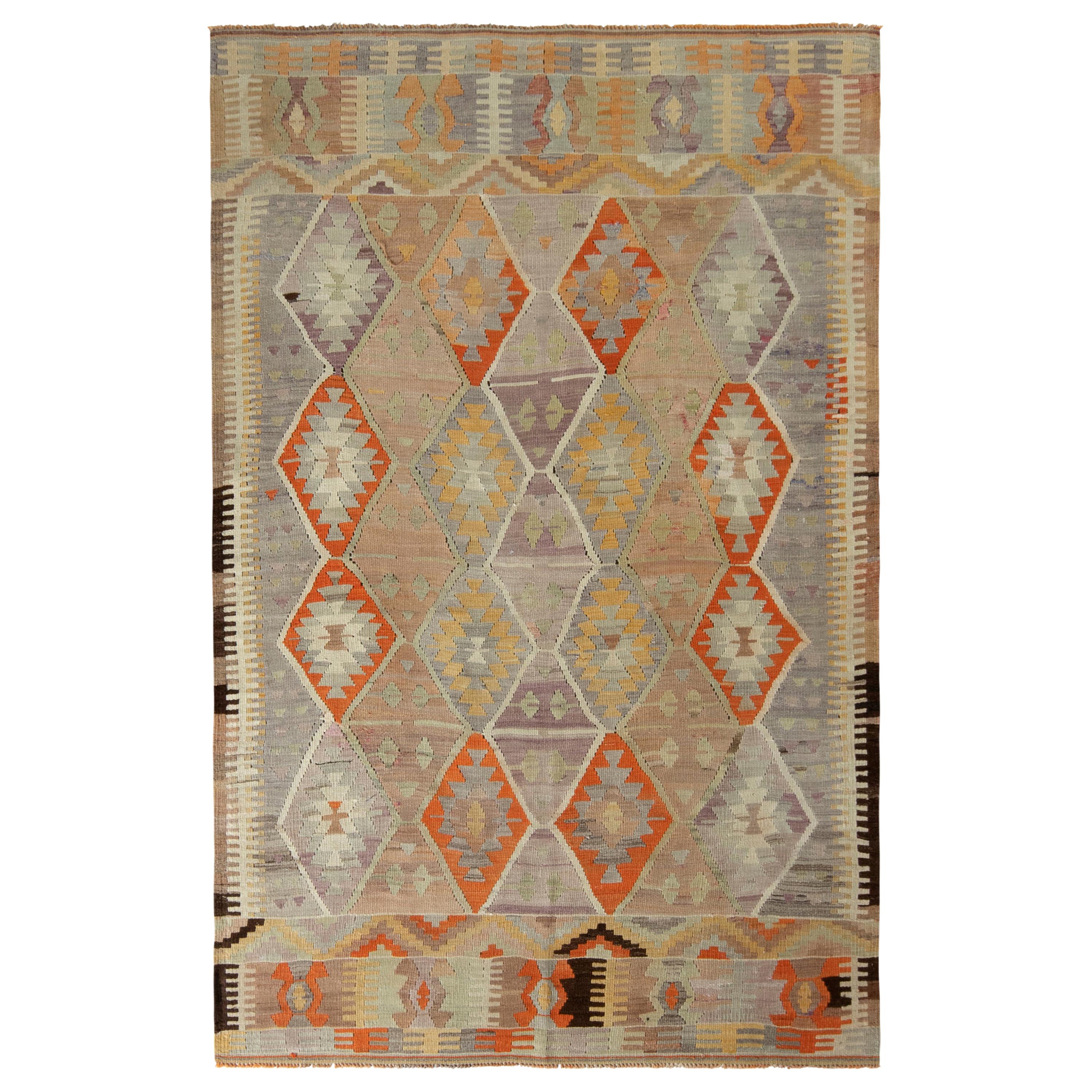 Vintage Tribal Kilim Rug in Beige & Blue All Over Geometric Pattern