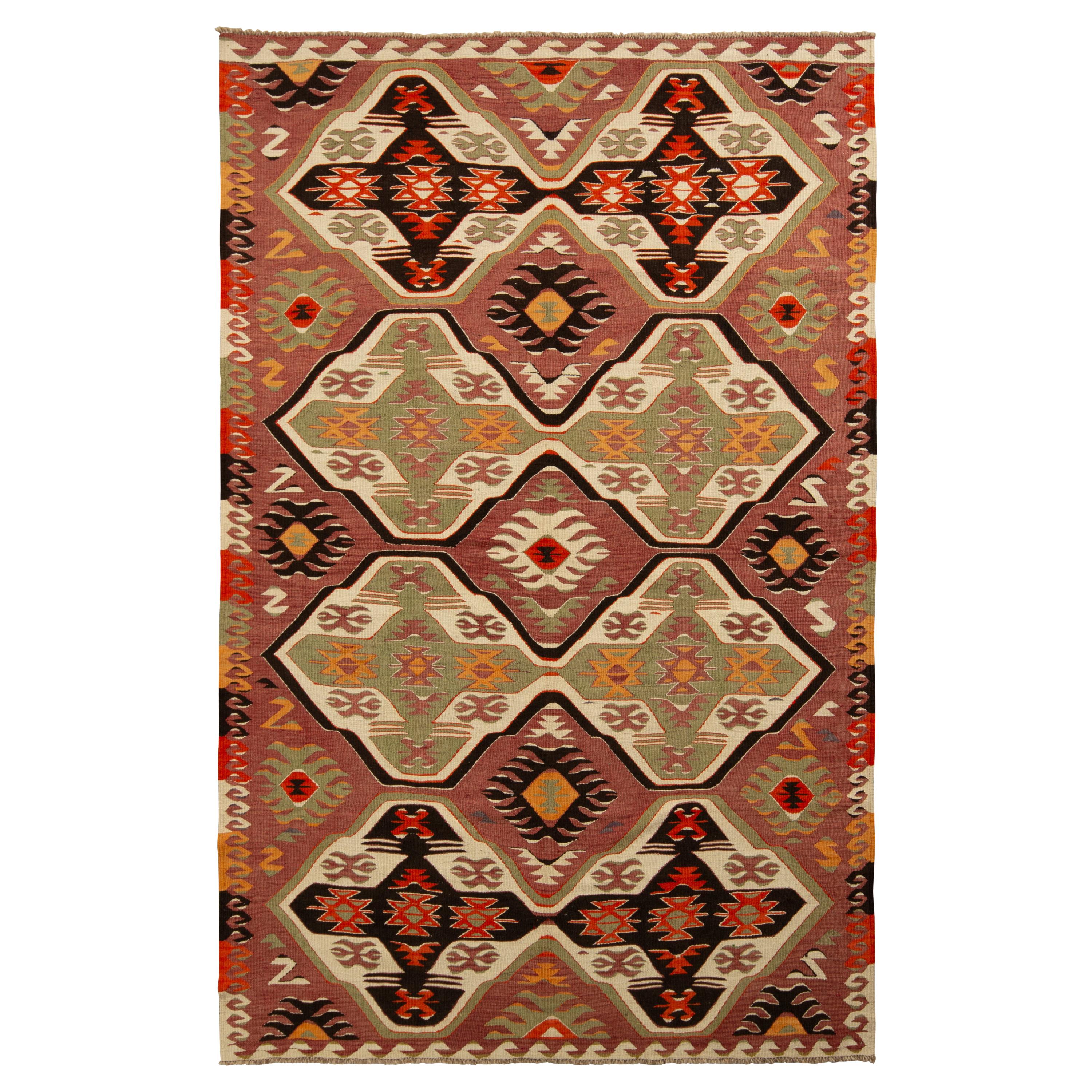 Handwoven Vintage Tribal Kilim Rug in Pink and Green Geometric Pattern