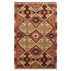 Handwoven Vintage Tribal Kilim Rug in Pink and Green Geometric Pattern