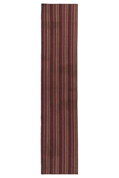 Handwoven Vintage Turkish Jajim Kilim Runner in Red, Multicolor Stripe Pattern