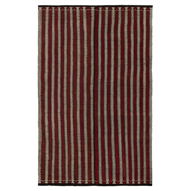 Handwoven Vintage Kilim Rug in Black, White Embroidery Stripes by Rug