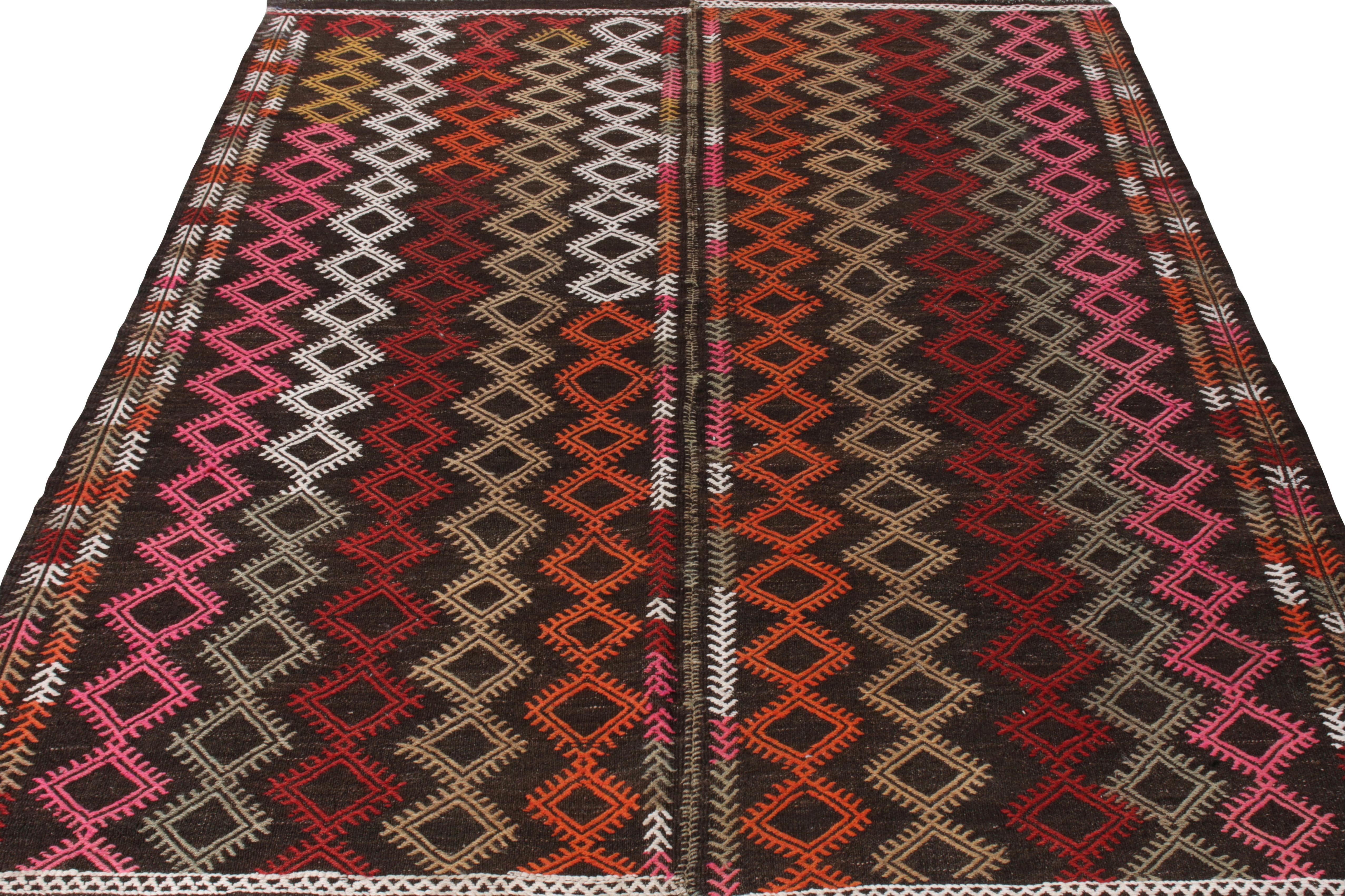 A 6x8 vintage Kilim rug, handwoven in Turkey circa 1970-1980 now entering Rug & Kilim’s coveted Kilim & Flatweave collection.This distinctive style is woven in two panels together with an appreciable high-low textural sensibility in the embroidery.