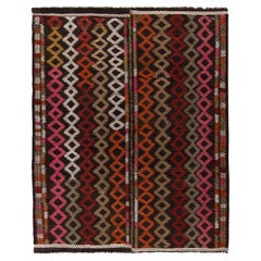 Handwoven Vintage Turkish Kilim Rug in Brown, Multicolor Embroidery Geometric Pa