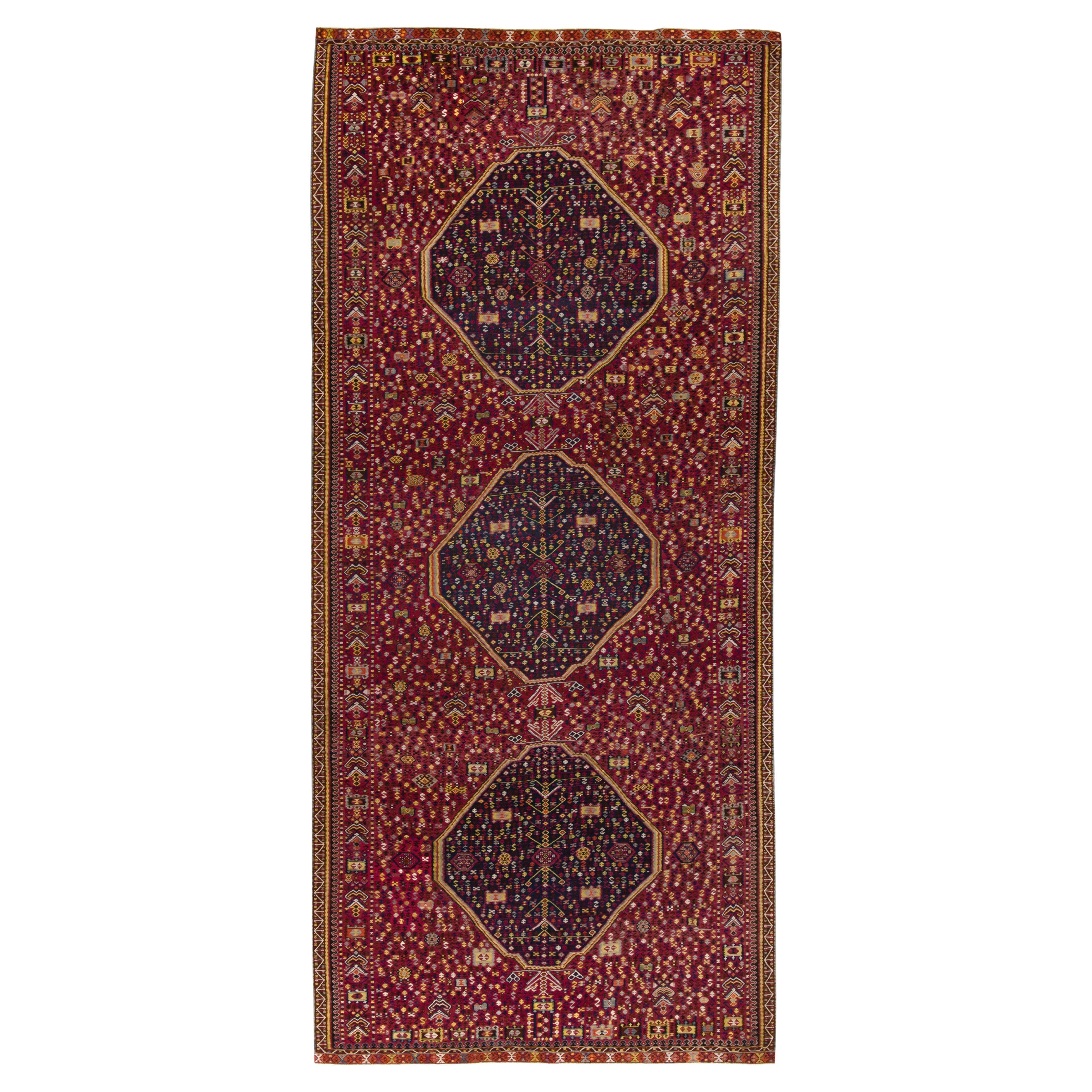 Handwoven Vintage Turkish Kilim Rug in Maroon Geometric Pattern by Rug & Kilim