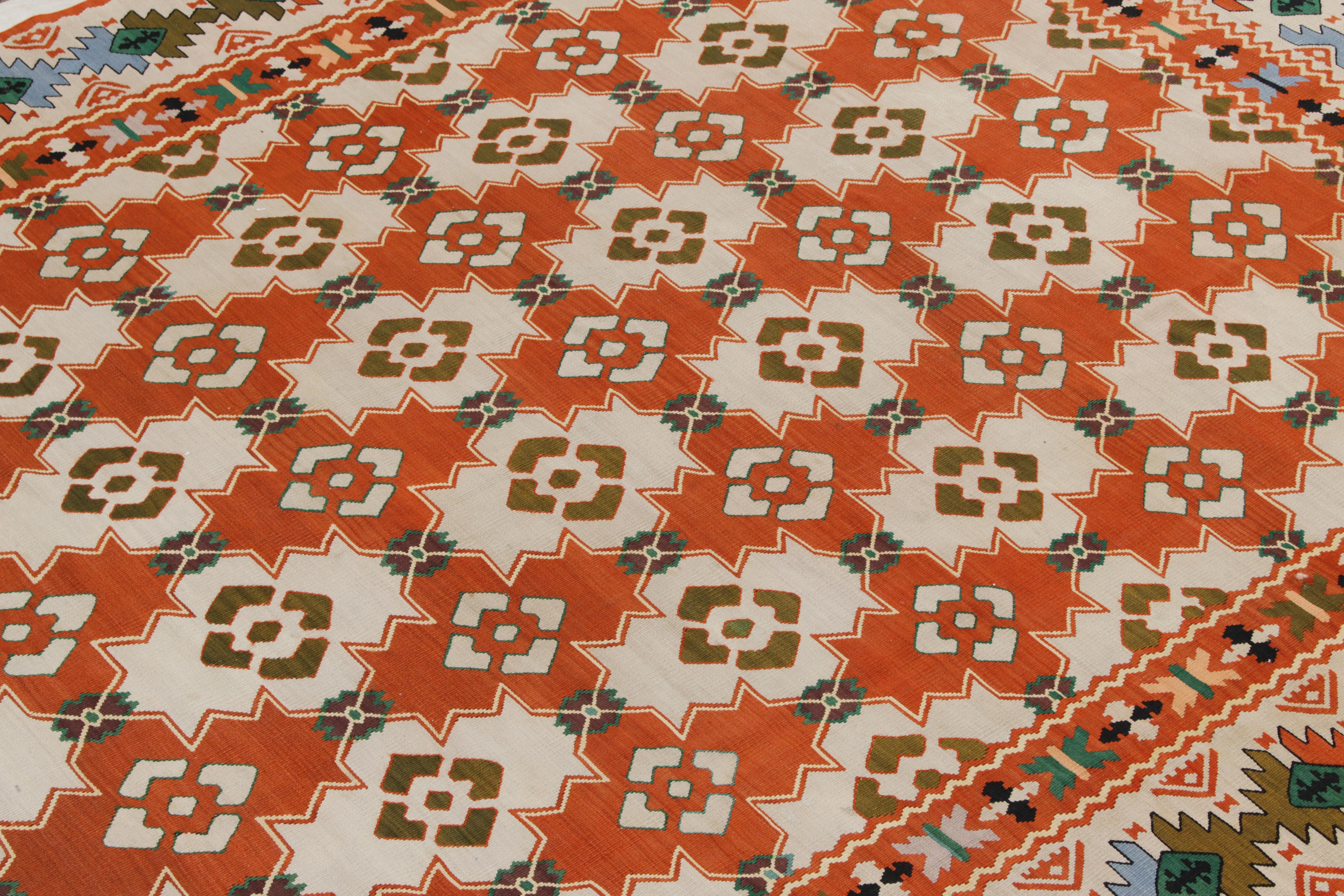 Hand-Knotted Handwoven Vintage Turkish Kilim Rug in Orange Tribal Geometric by Rug & Kilim For Sale