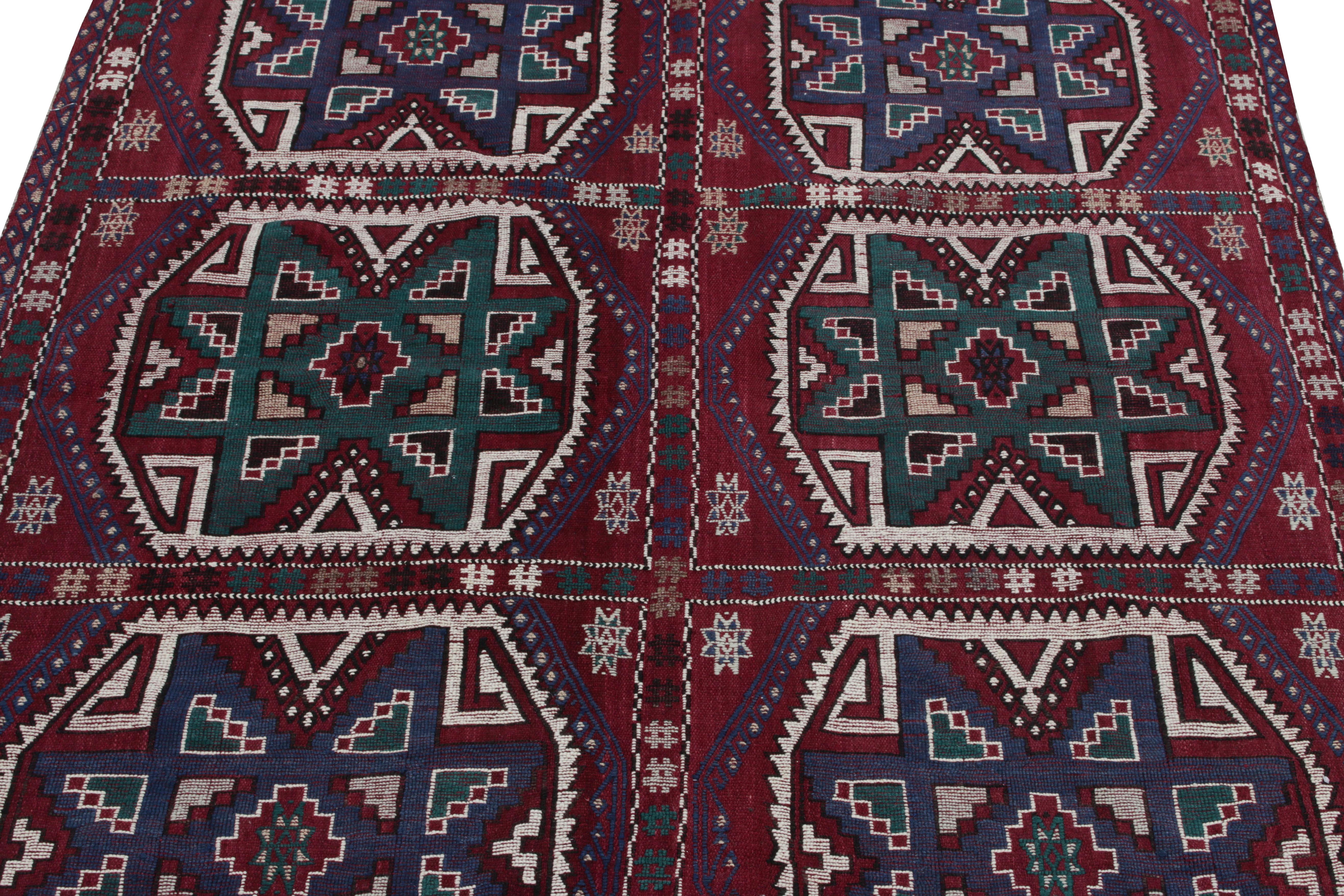 Hand-Knotted Vintage Turkish Kilim Rug in Wine, Teal & White Geometric Pattern by Rug & Kilim For Sale