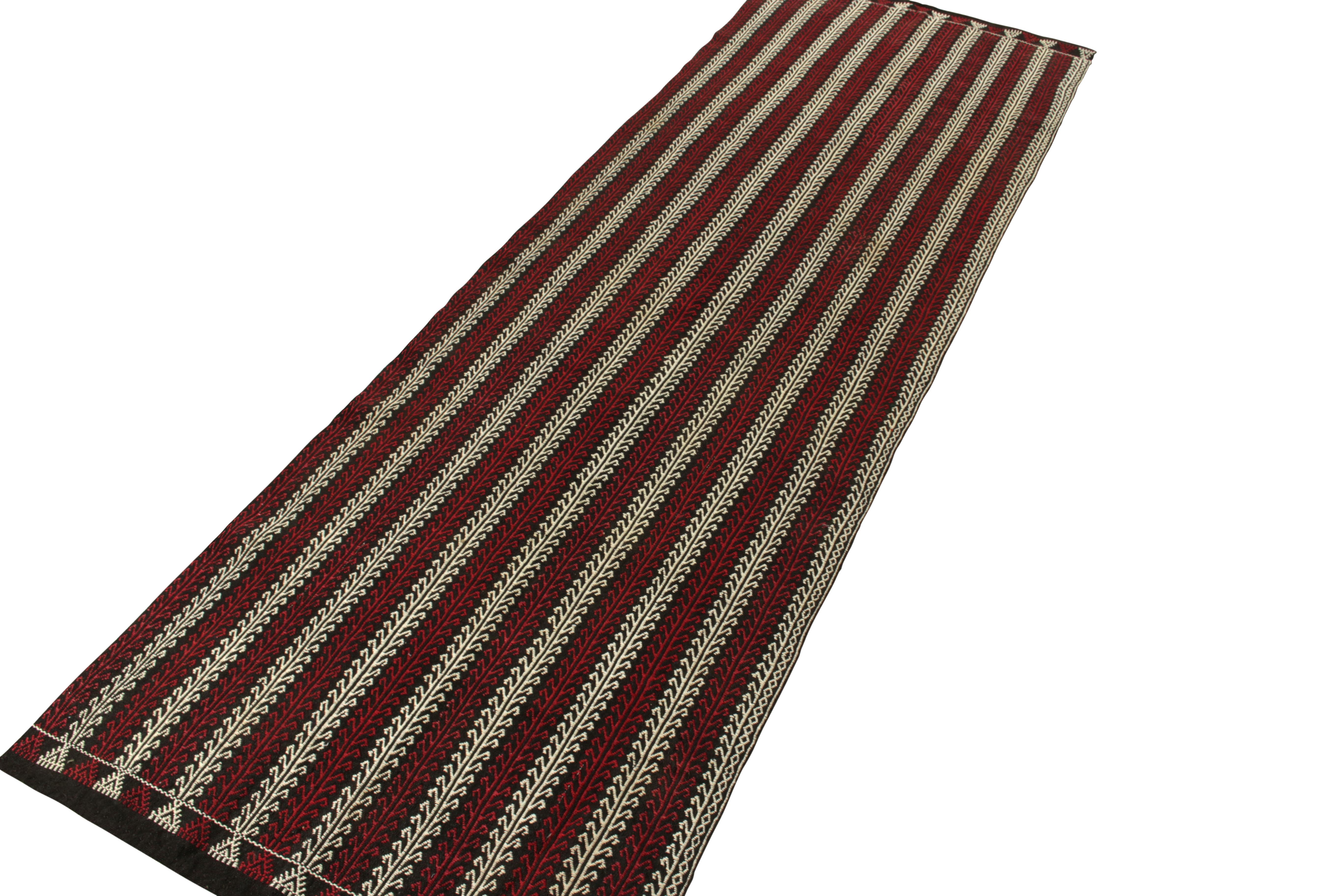 Hand-Knotted Vintage Turkish Kilim Runner in Black, White Embroidered Stripes by Rug & Kilim For Sale