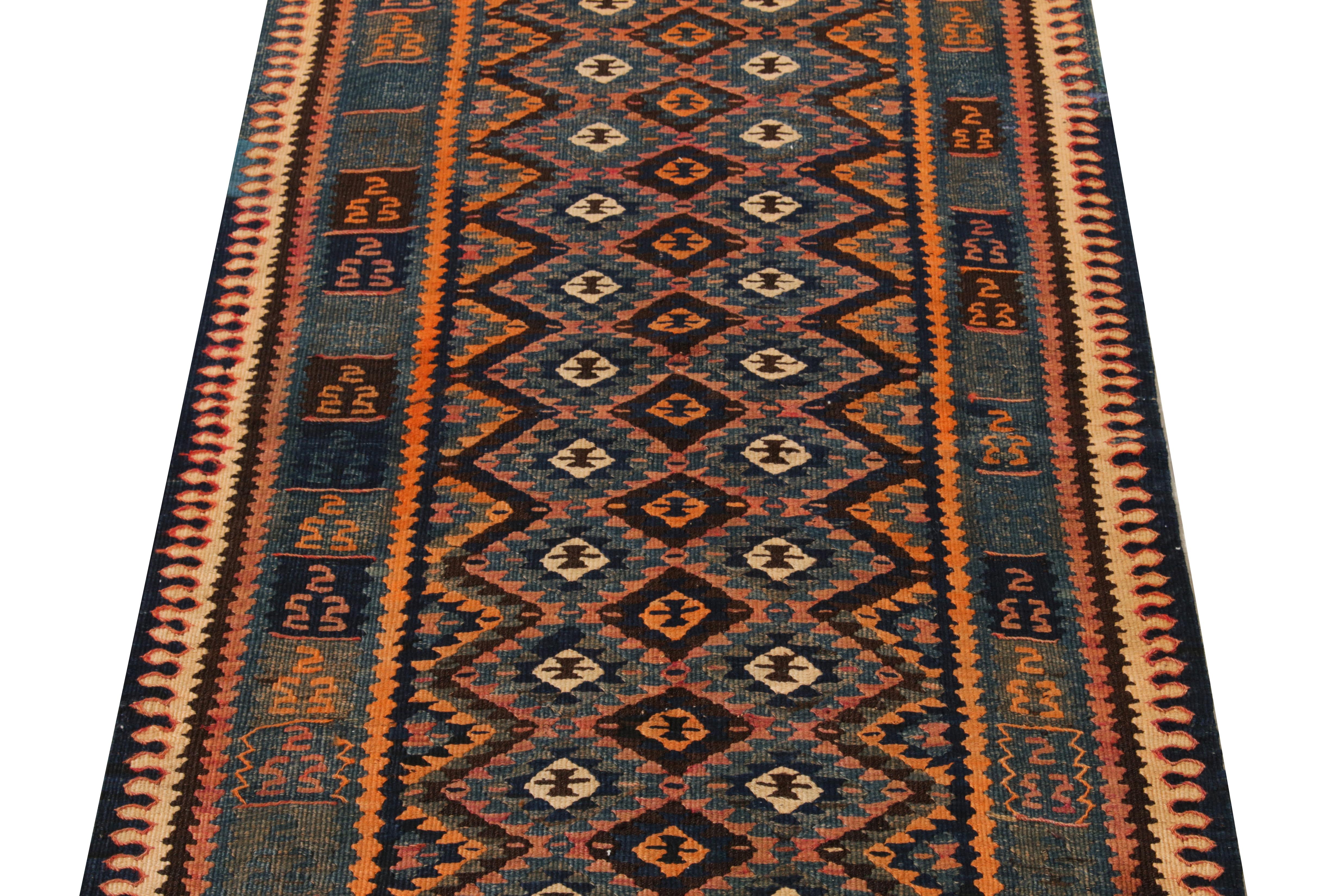 Hand-Knotted Handwoven Vintage Turkish Kilim Runner in Gold-Orange Geometric by Rug & Kilim For Sale