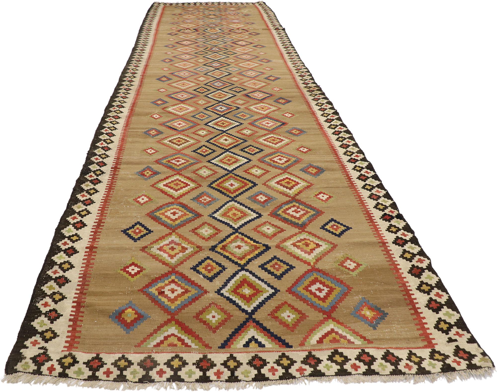 Hand-Woven Handwoven Vintage Turkish Kilim Runner with Tribal Style For Sale