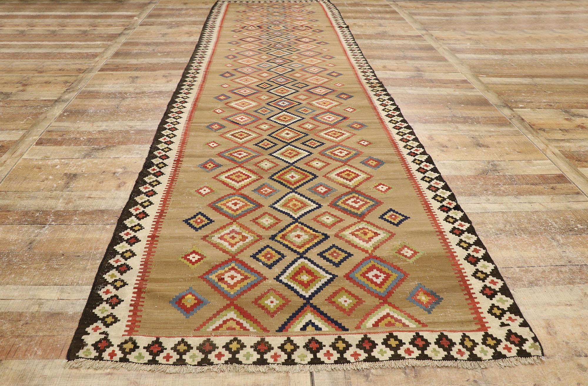 Handwoven Vintage Turkish Kilim Runner with Tribal Style For Sale 1