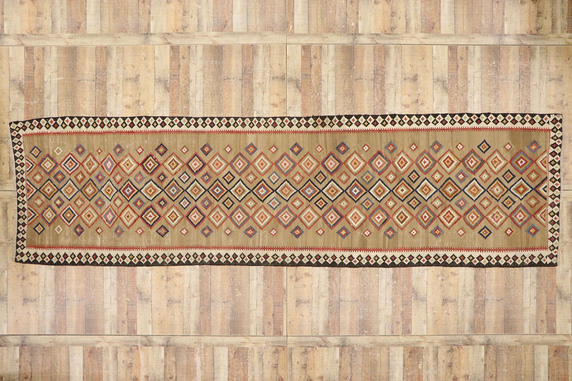 Handwoven Vintage Turkish Kilim Runner with Tribal Style For Sale 2