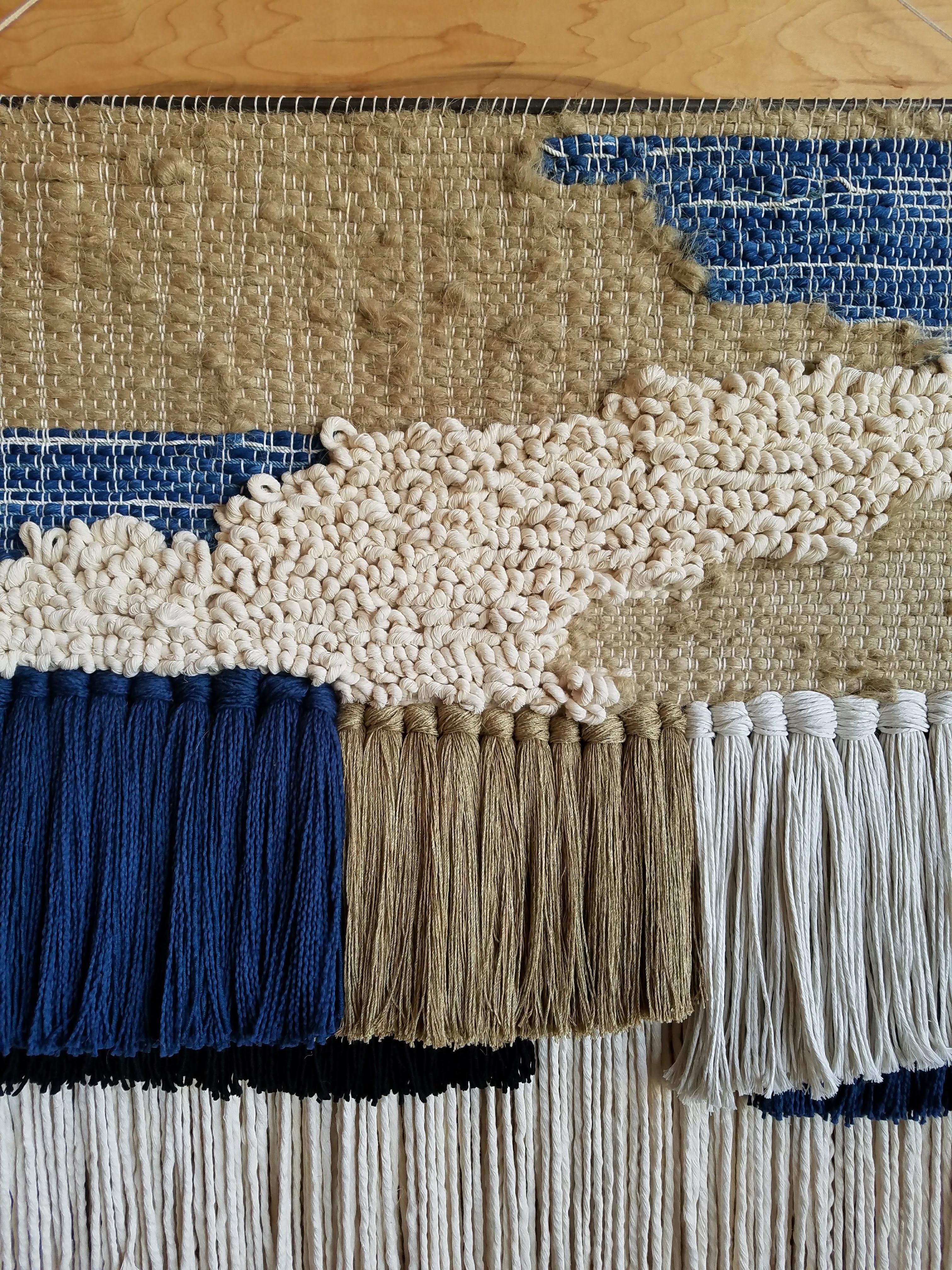 Hand-Woven Fiber Art Weaving Neutral and Indigo by All Roads For Sale