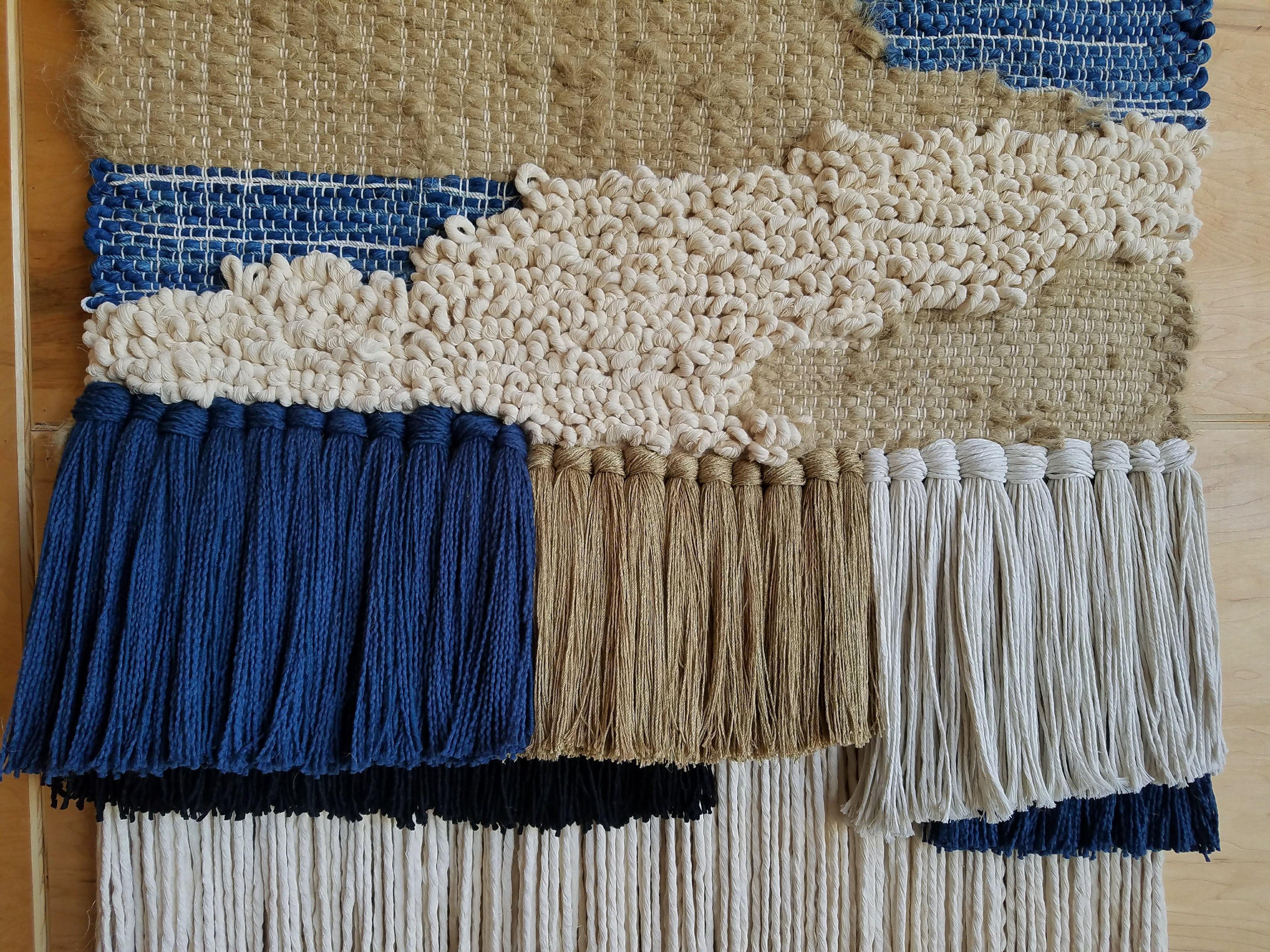 Fiber Art Weaving Neutral and Indigo by All Roads In New Condition For Sale In Yucca Valley, CA
