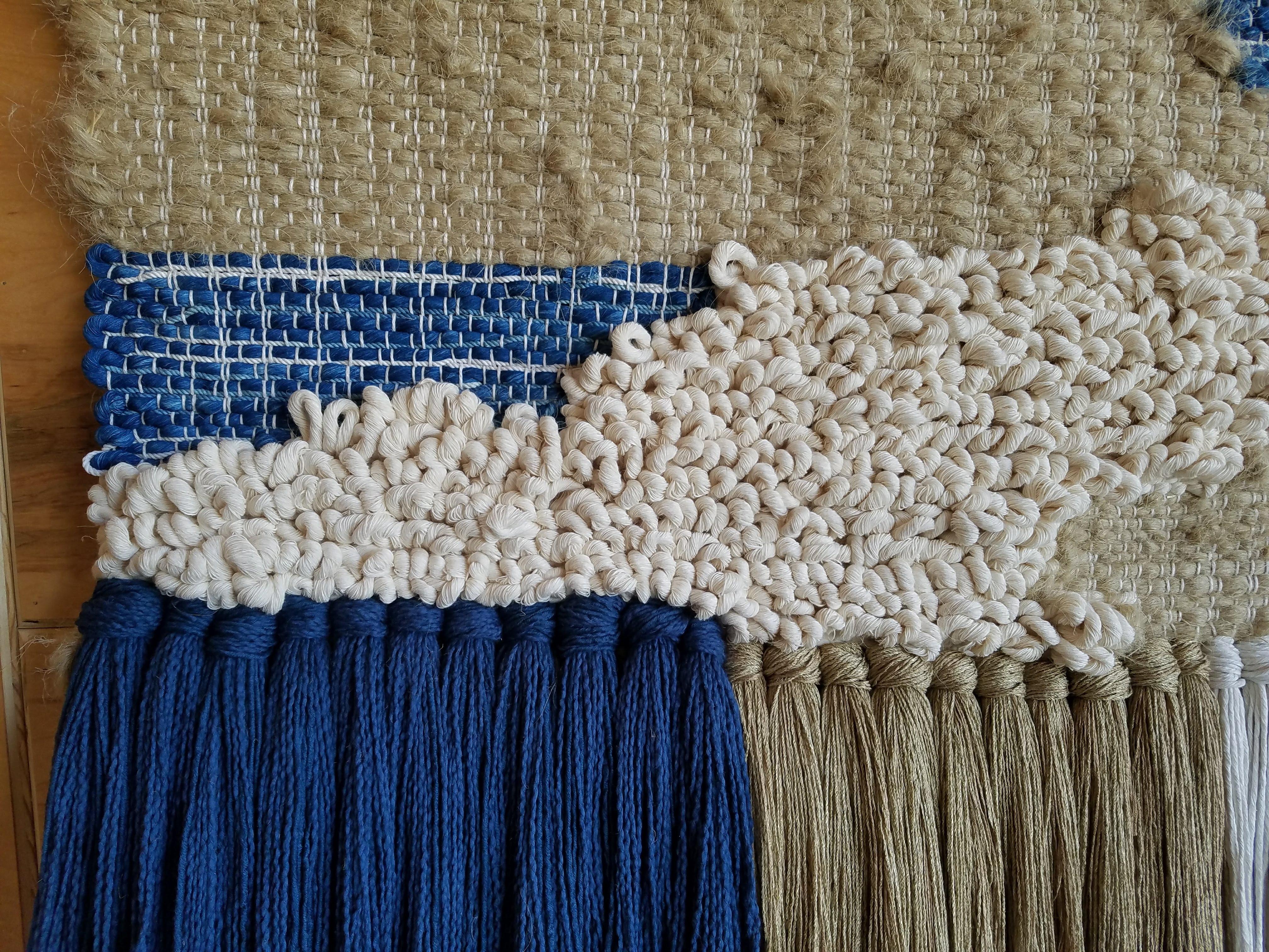Contemporary Fiber Art Weaving Neutral and Indigo by All Roads For Sale
