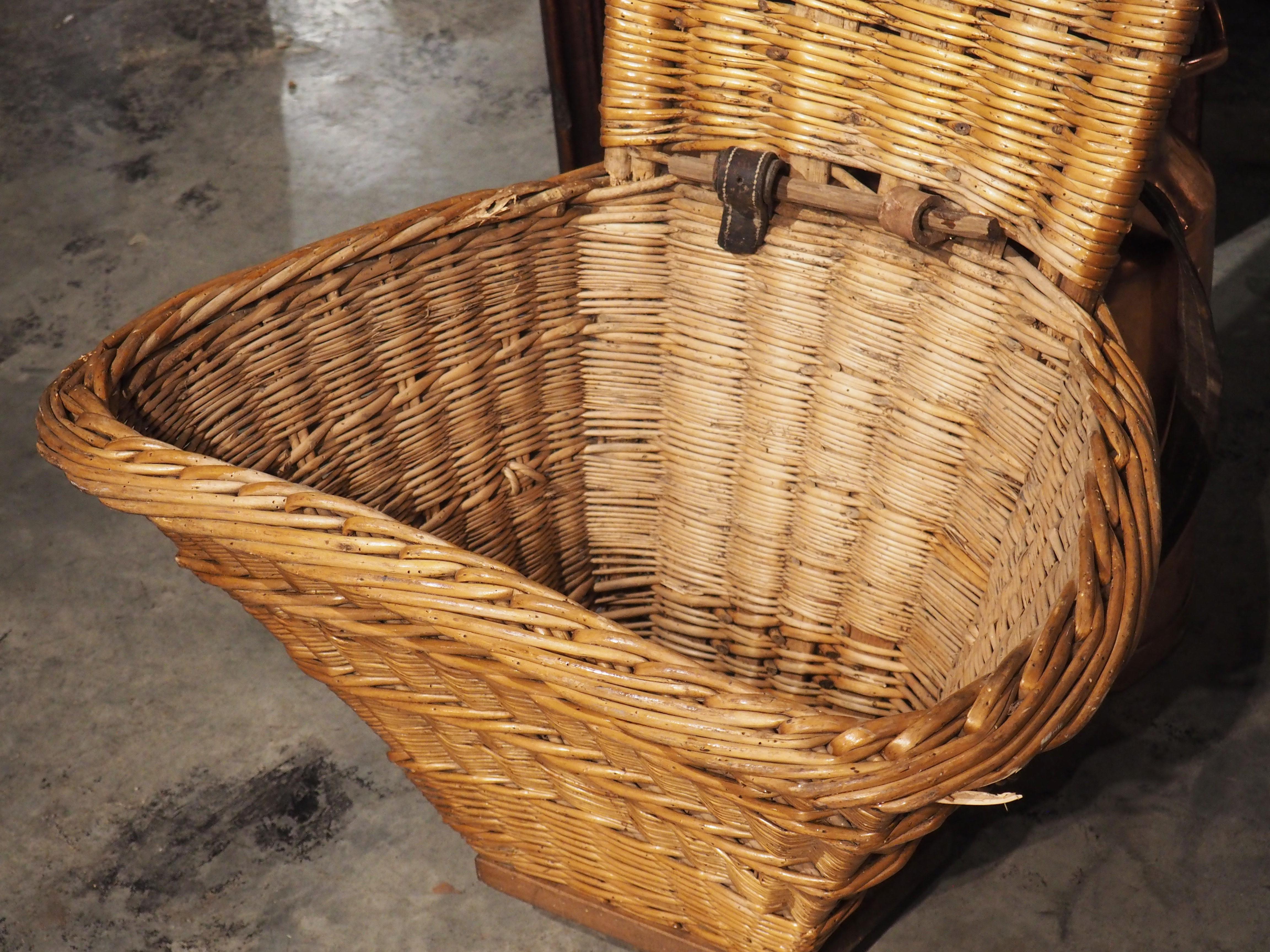 Leather Handwoven Wine Grape Harvesting Basket from Beaune France, circa 1890