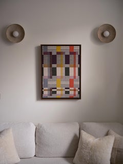 Œuvre d'art tissée à la main, style « colour block », milieu du siècle, Art déco, Bauhaus, avec cadre en bois