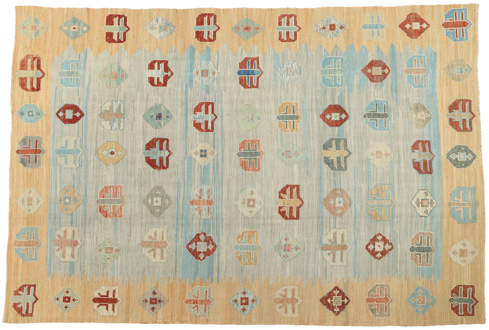 Handgewebter blauer türkischer Flachgewebe-Teppich aus Wolle Contemporary, 10'00 x 14'10 im Angebot 4