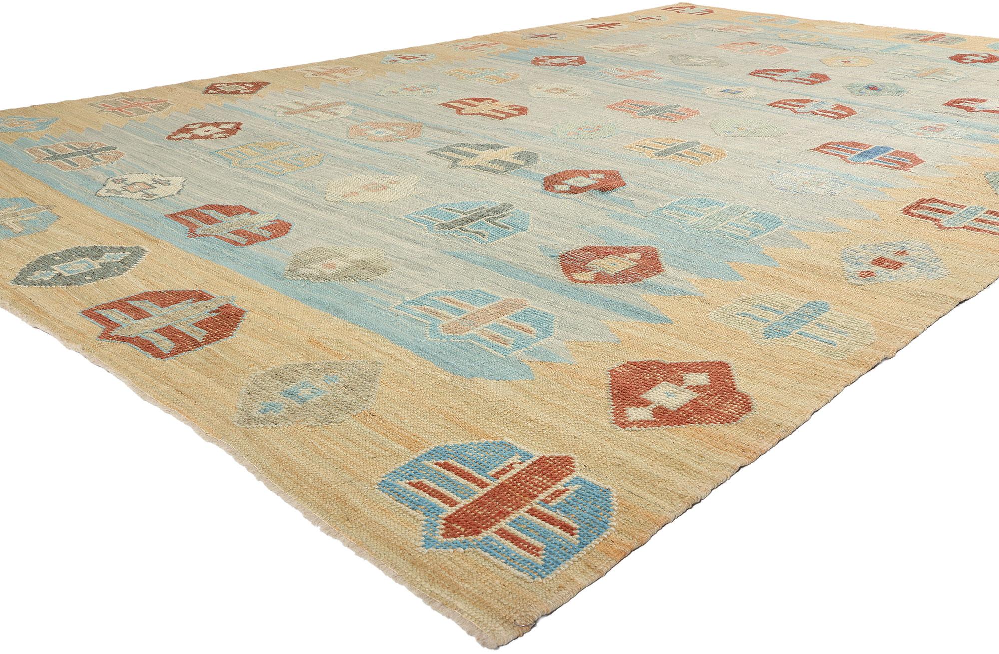 52209 New Large Turkish Kilim High-Low Rug 10'00 x 14'10. In a delightful departure from the usual vibrant hues associated with nomadic tribe culture, this hand-woven wool new contemporary Turkish Kilim rug offers a tranquil oasis with its tribal