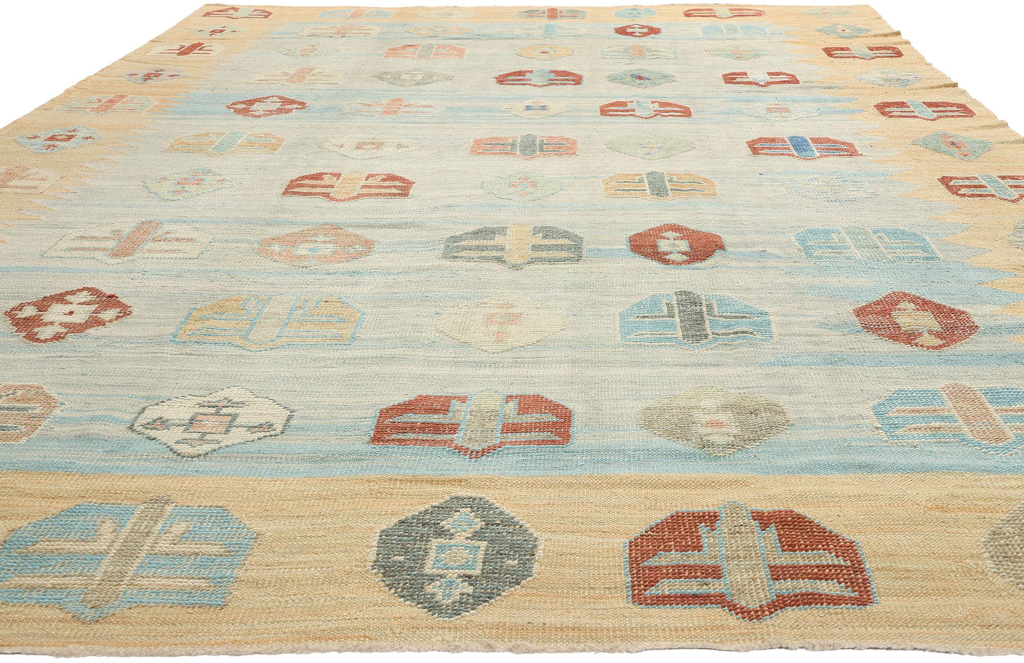 Handgewebter blauer türkischer Flachgewebe-Teppich aus Wolle Contemporary, 10'00 x 14'10 (Stammeskunst) im Angebot
