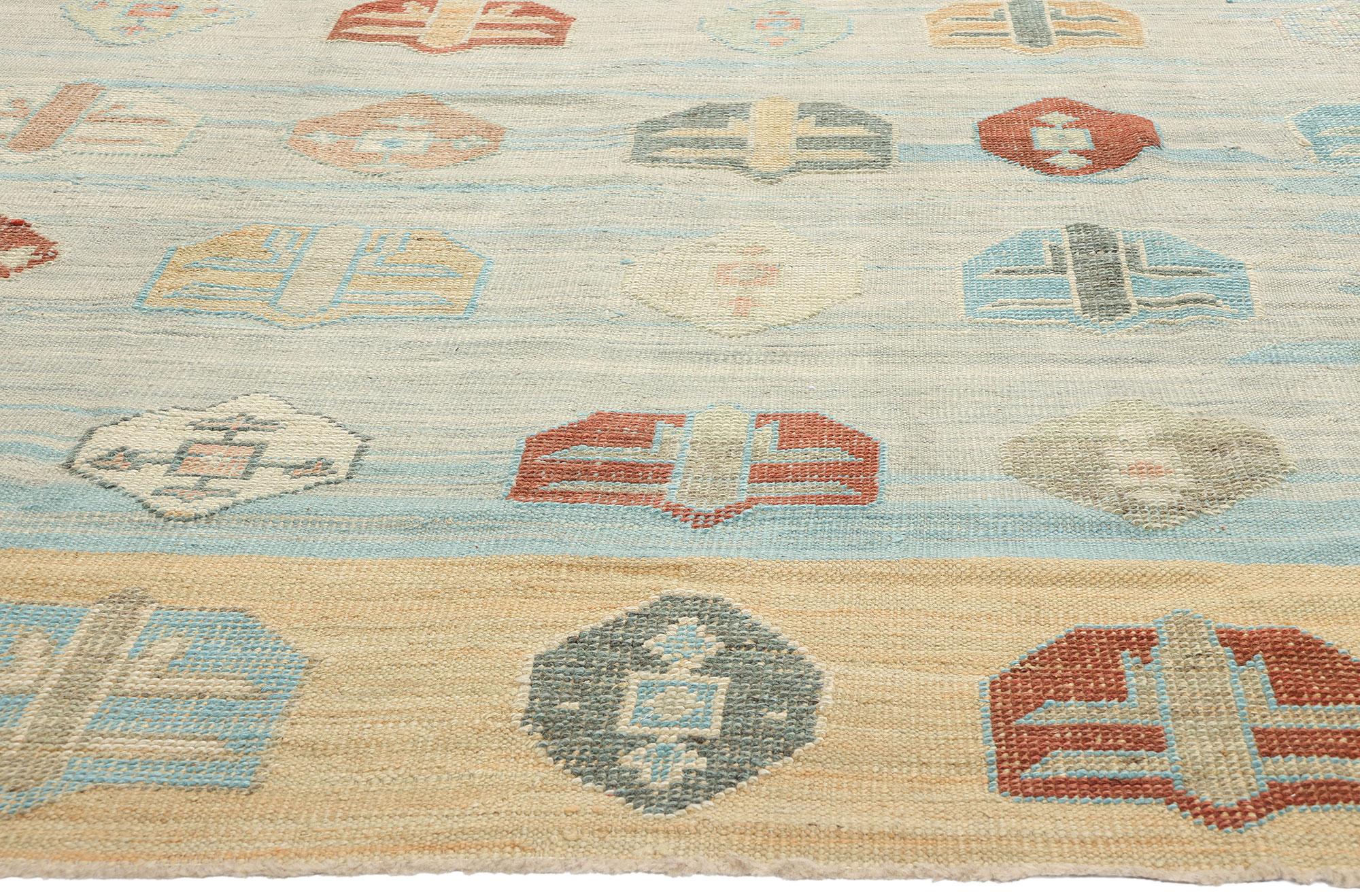 Handgewebter blauer türkischer Flachgewebe-Teppich aus Wolle Contemporary, 10'00 x 14'10 (Türkisch) im Angebot