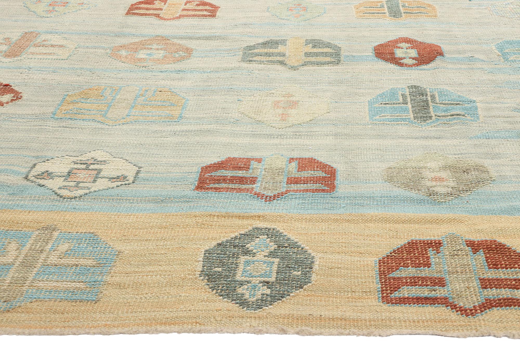 Turc Tapis turc contemporain bleu tissé à la main en laine, 10'00 x 14'10 en vente